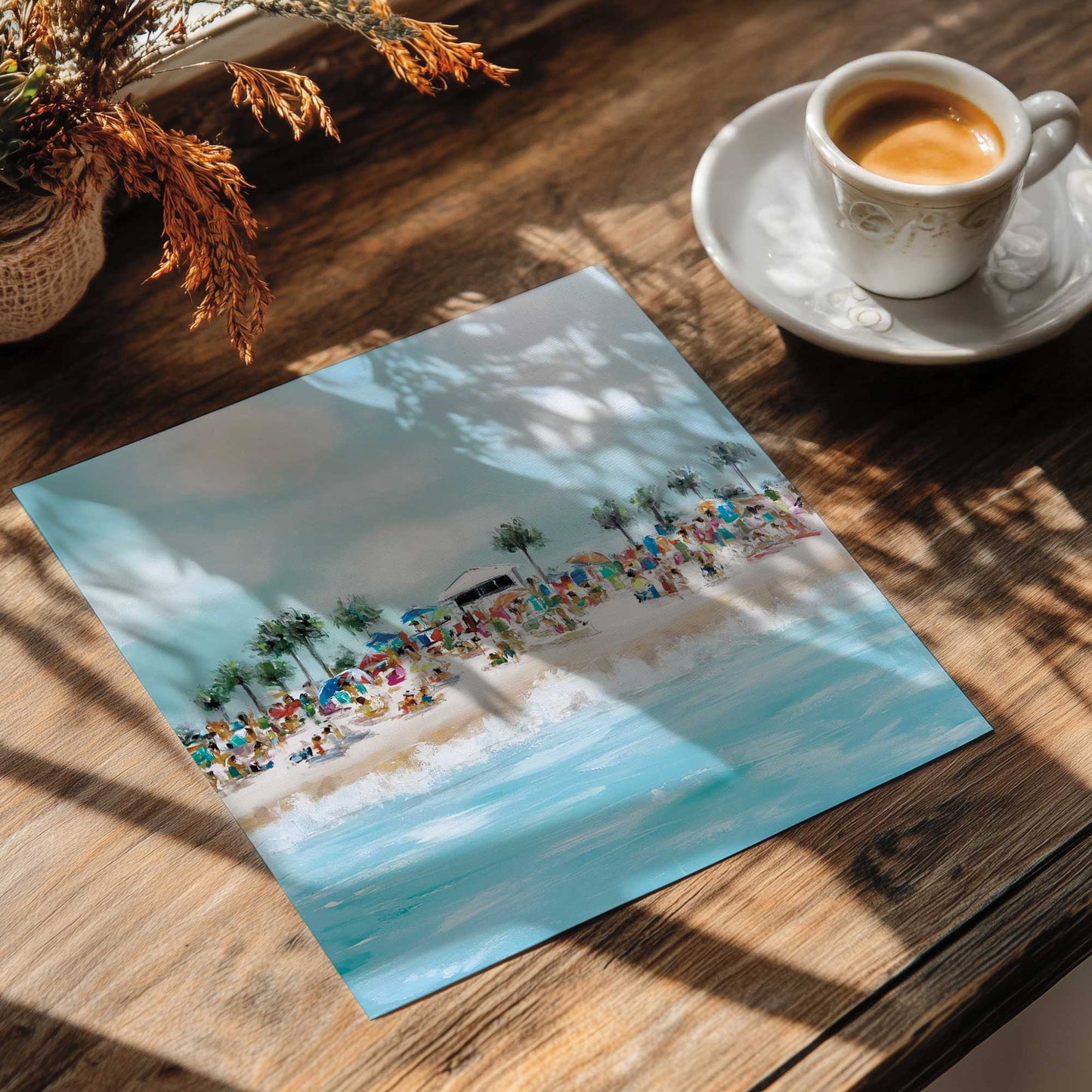 Crowded Beach Party Scene with Palm Trees and Coastal Energy Print