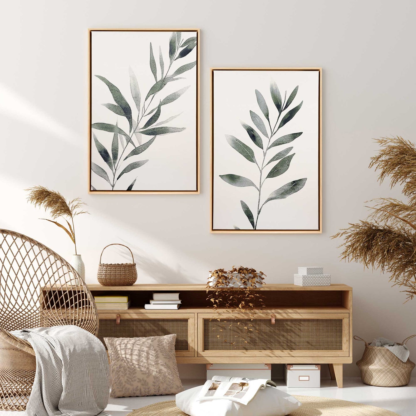 Soft Green Leaves Canvas Print, Set of 2