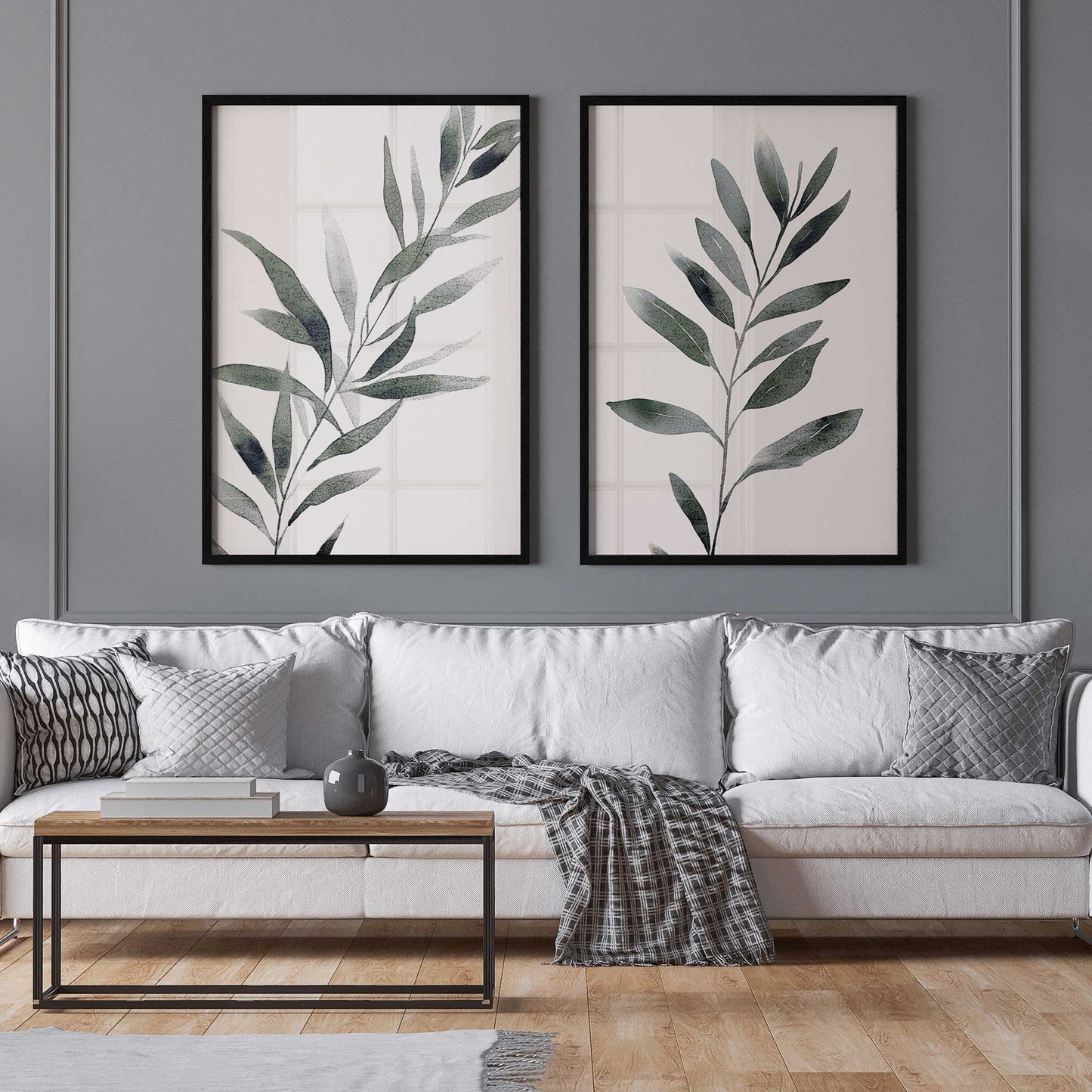 Soft Green Leaves Art Print, Set of 2