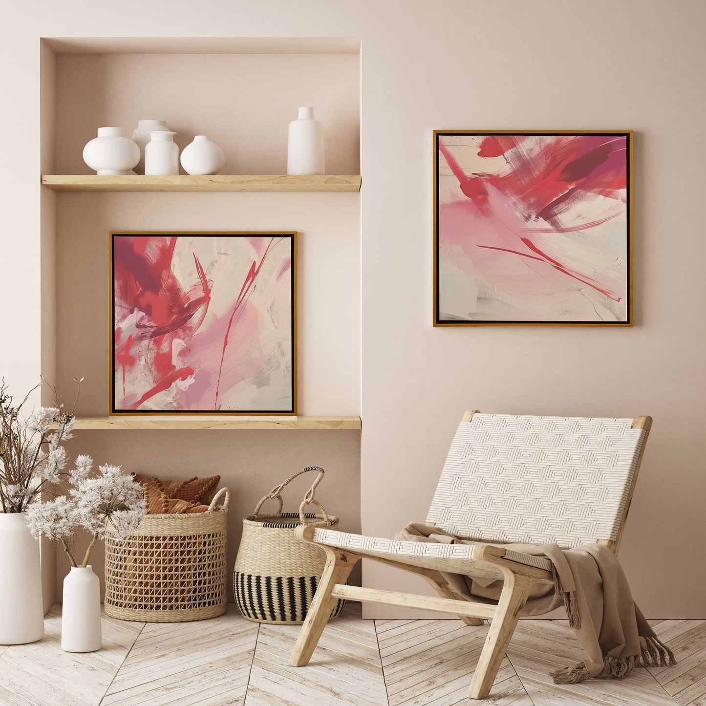 Bold Pink and Red Abstract Canvas Print, Set of 2