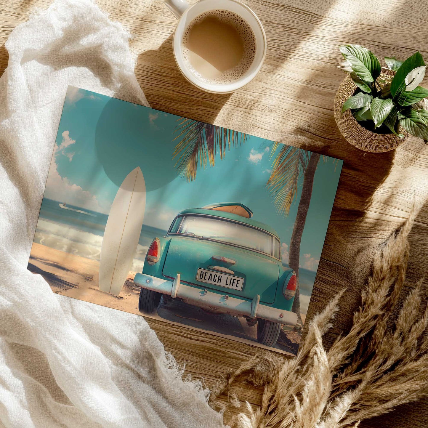 Vintage Beach Car with Surfboard and Palm Trees Print