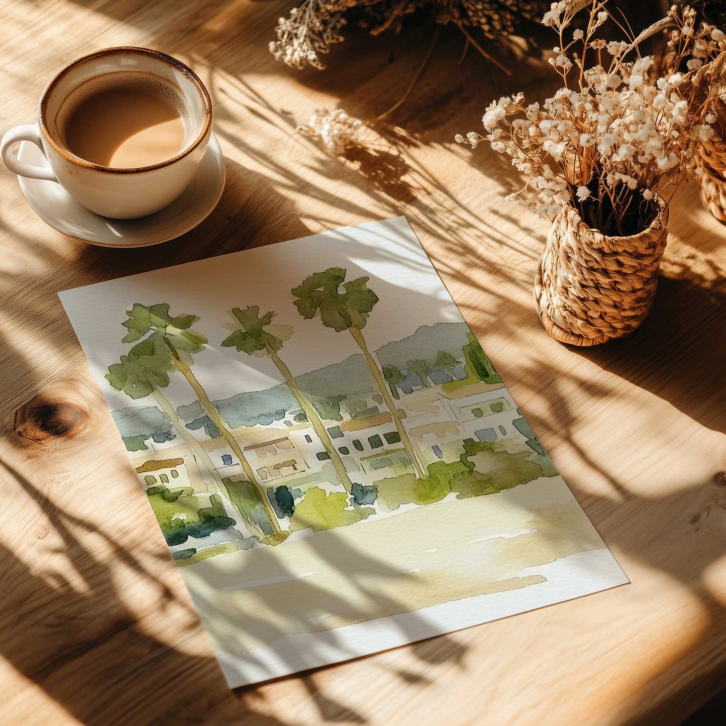 Chill Palm Tree Cityscape with Soft Watercolor Vibes I Print