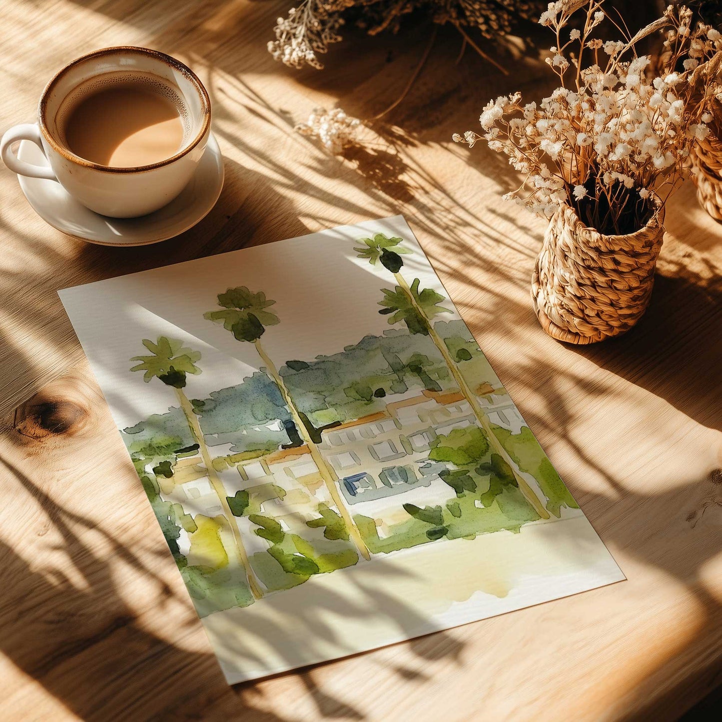 Chill Palm Tree Cityscape with Soft Watercolor Vibes II Print