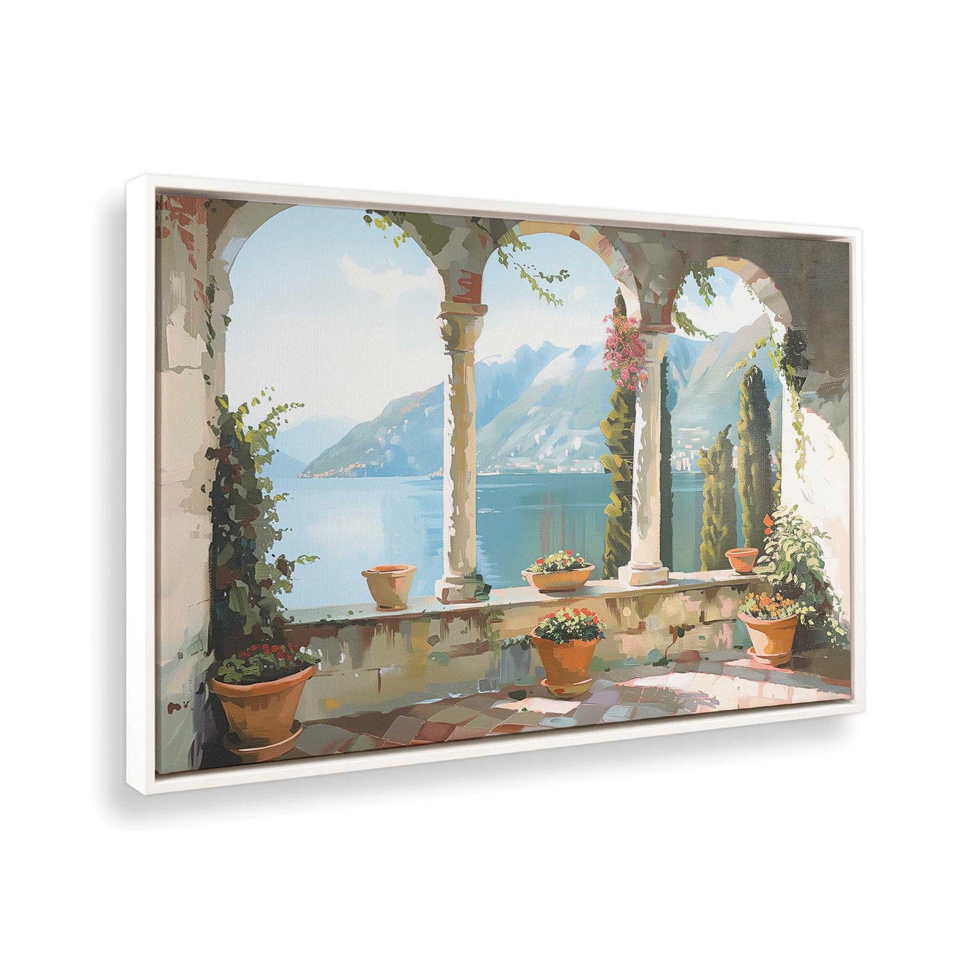 [Color:Opaque White],[shape:rectangle], Picture of art in a White frame at an angle