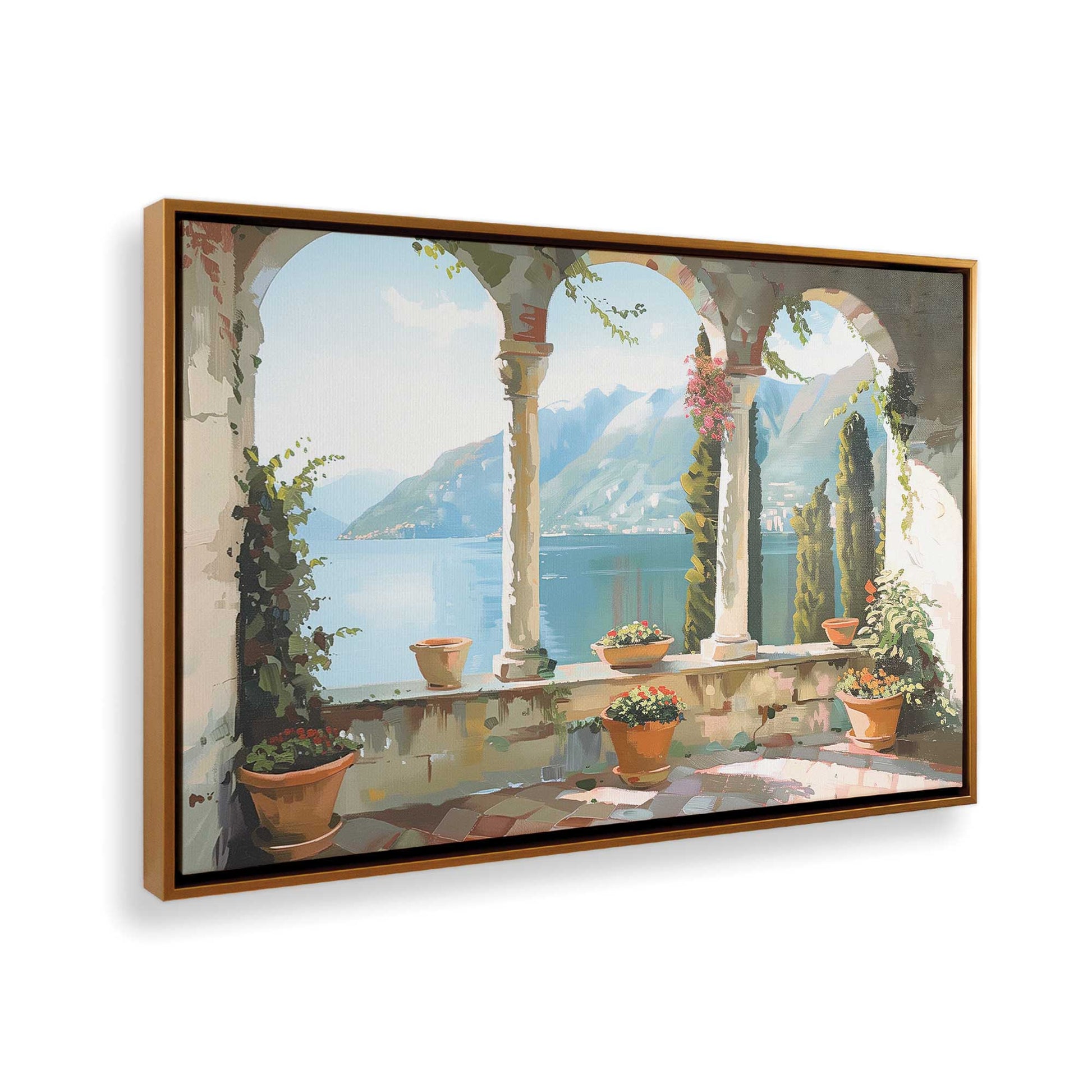 [Color:Polished Gold],[shape:rectangle], Picture of art in a Polished Gold frame at an angle
