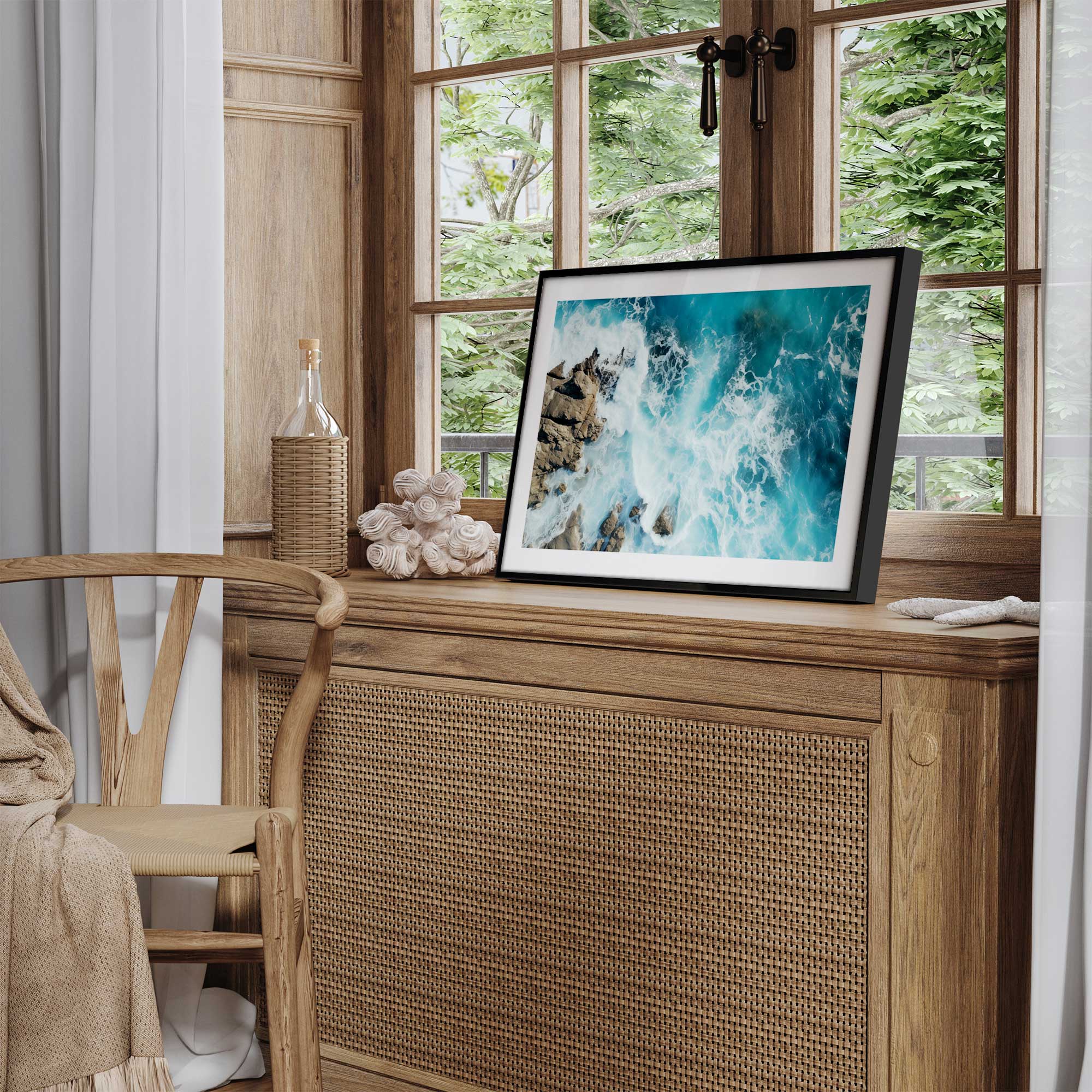 crashing waves from above v1 art print in a coastal themed room