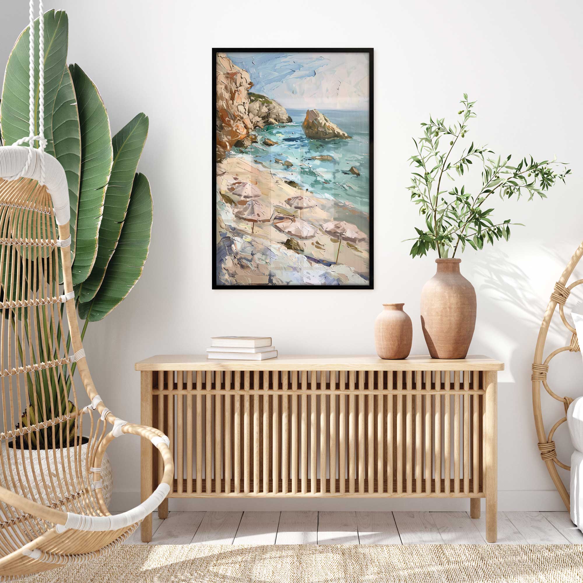 umbrellas by the rocks art print  hanging in coastal living room