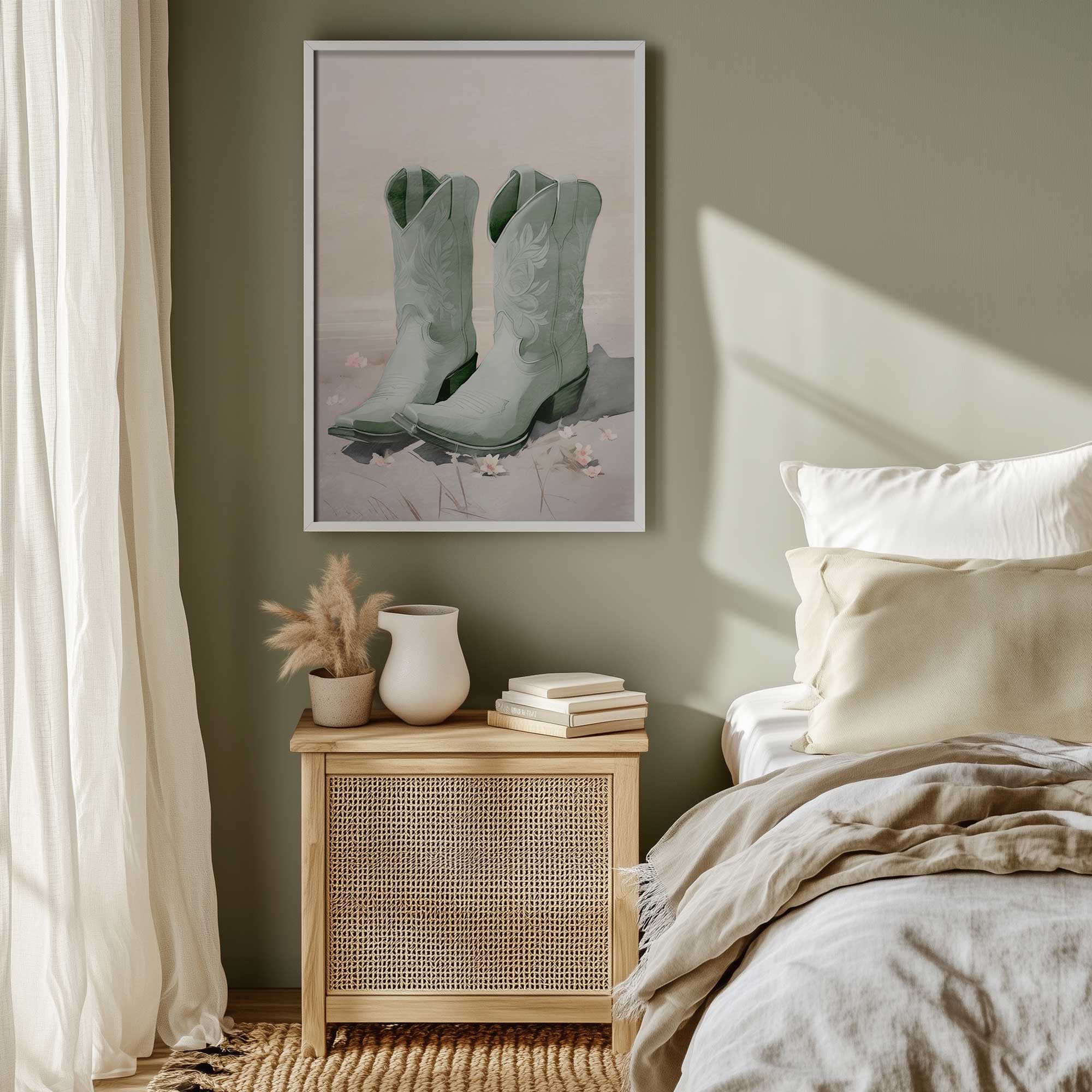 Mint Cowboy Boots art print hanging above a bedside table