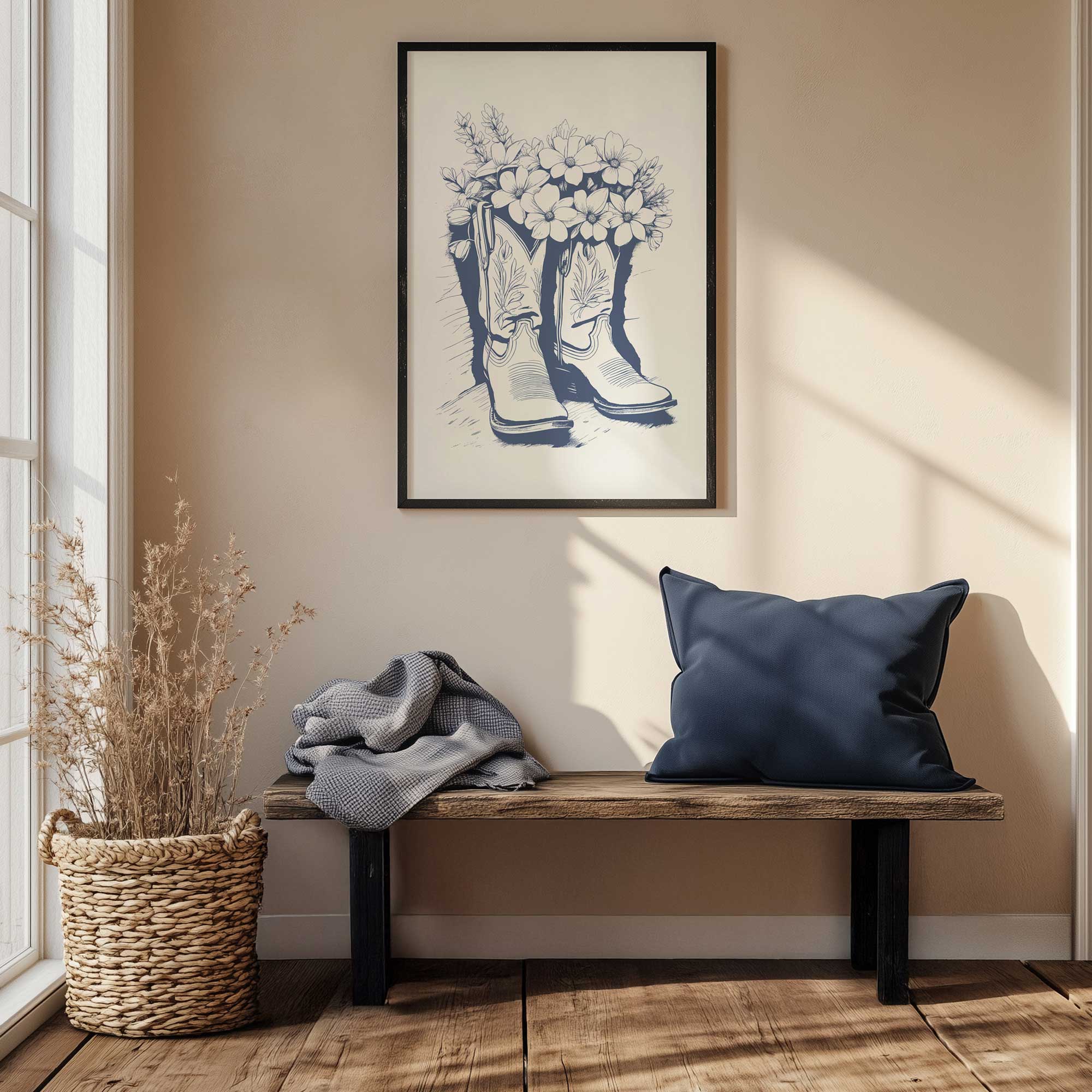 western boots wild roots in blue framed art print hanging in an entryway
