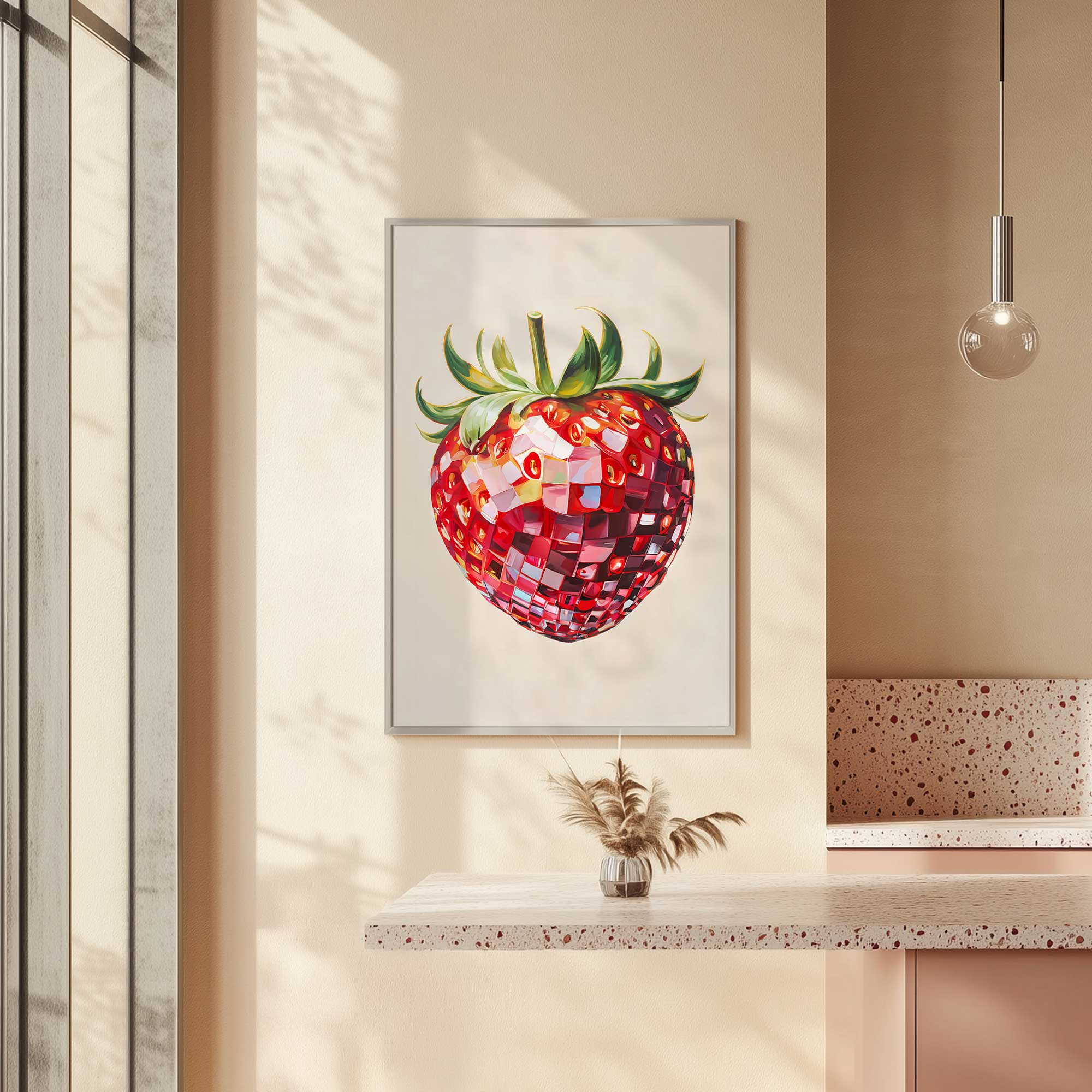 strawberry sparkle art print hanging in a light pink kitchen