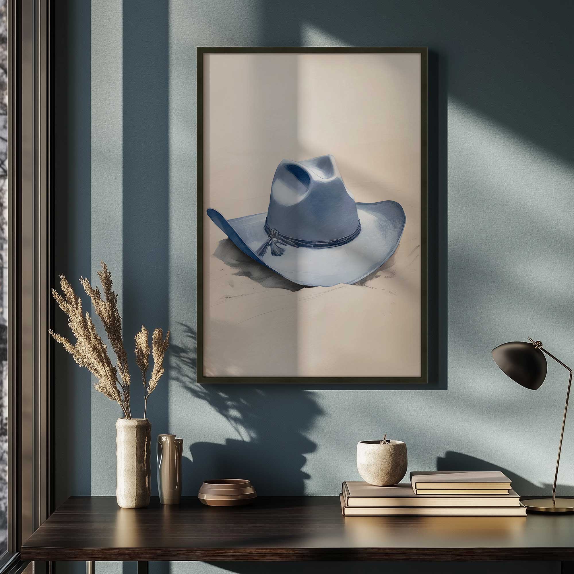western blue cowboy hat art print above a writing desk