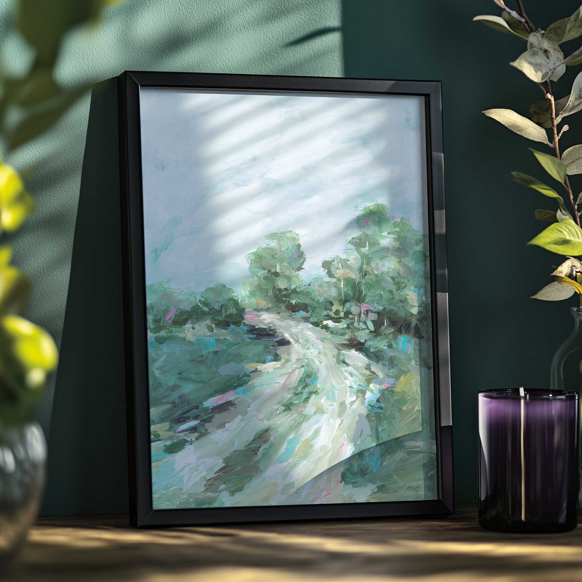 path through the trees art print on a shelf