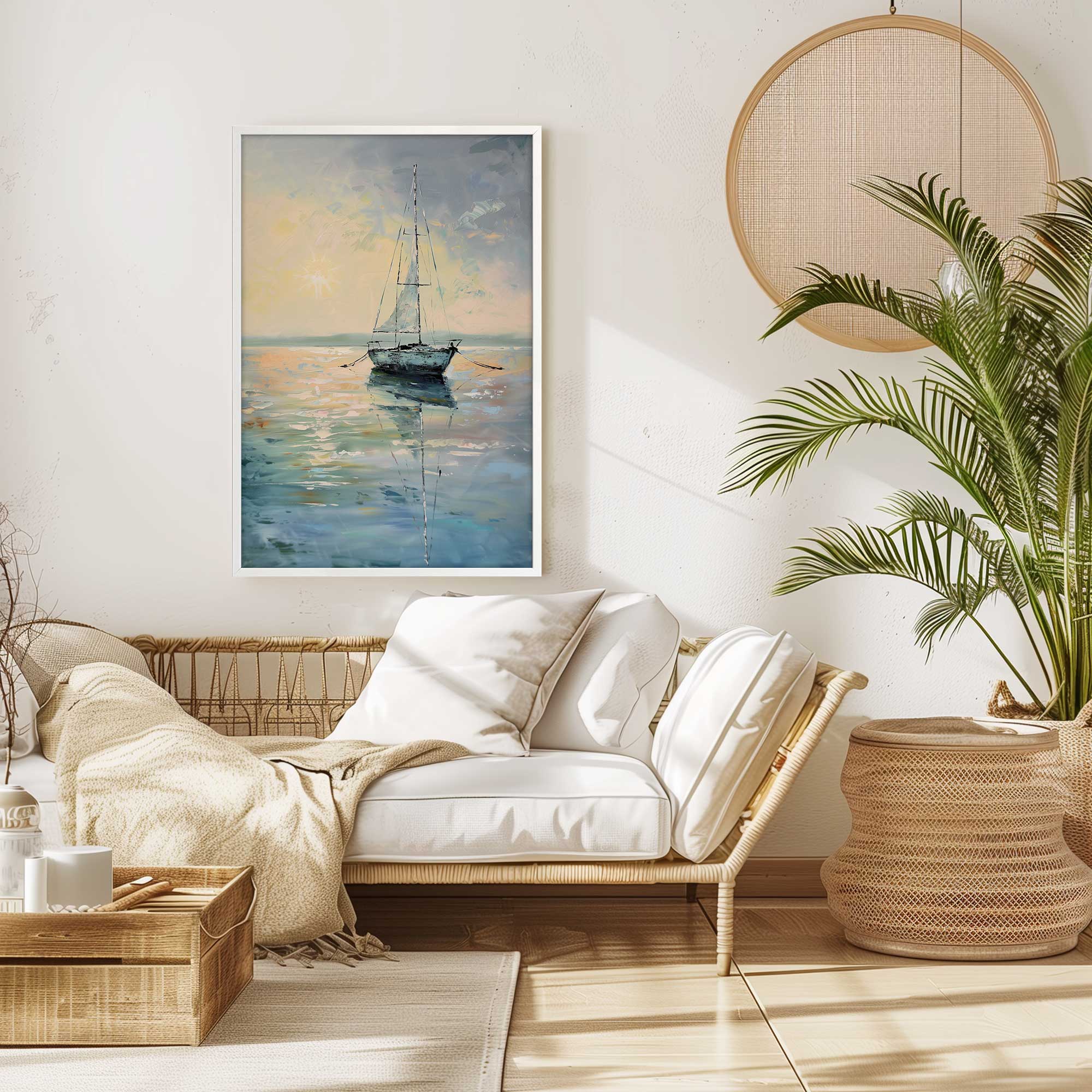 sailboat at dusk art print hanging in a living room