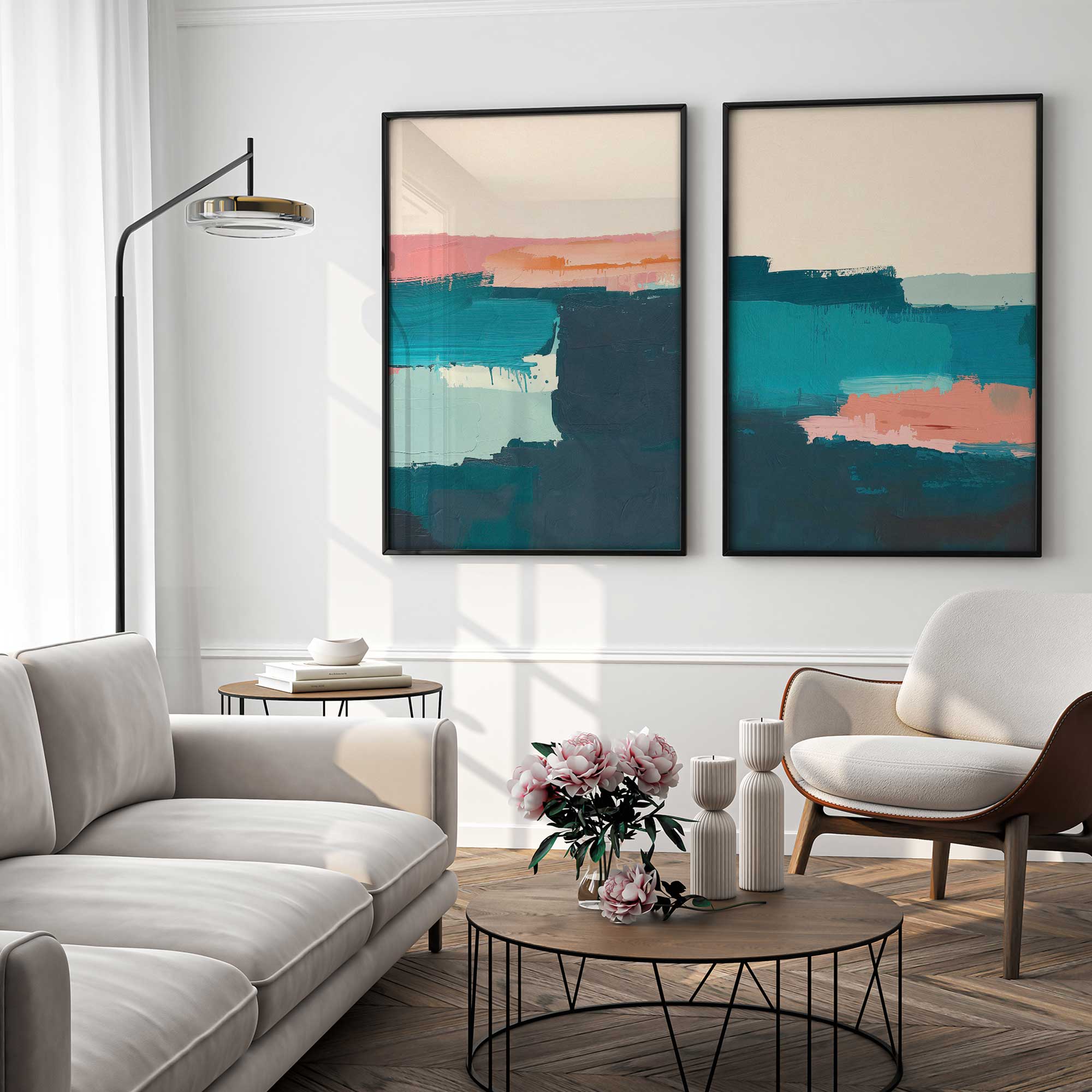 Pink and Blue color block duo  set of 2 colorful abstract prints hanging in a bright living room