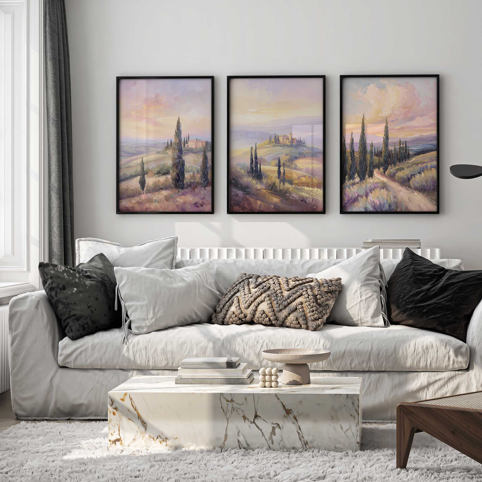 Glowing Tuscan landscape set of 3 art prints hanging above a couch