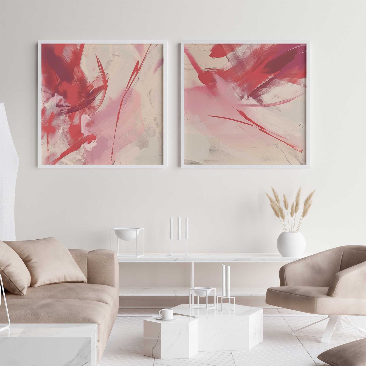Bold Pink and Red Abstract  Art Print, Set of 2