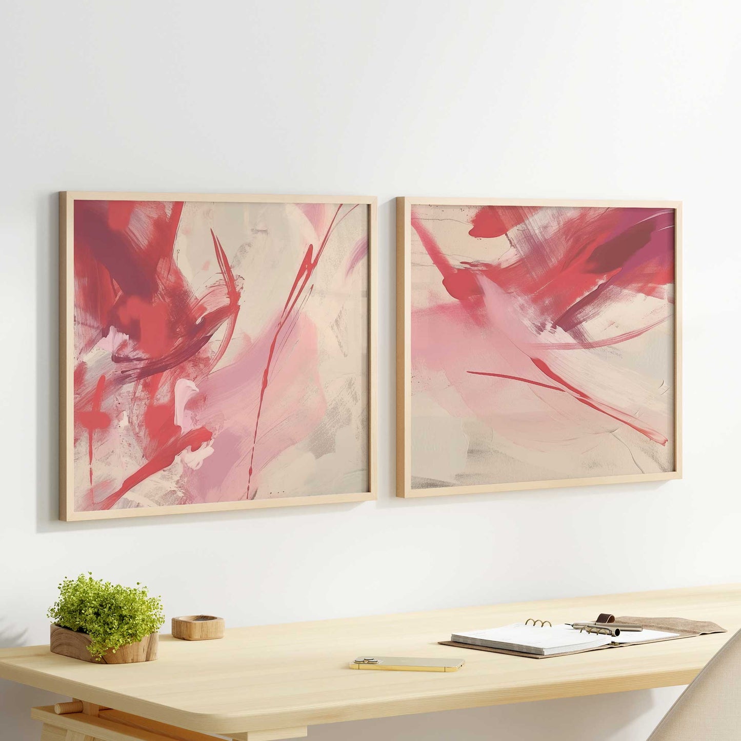 Bold Pink and Red Abstract  Art Print, Set of 2