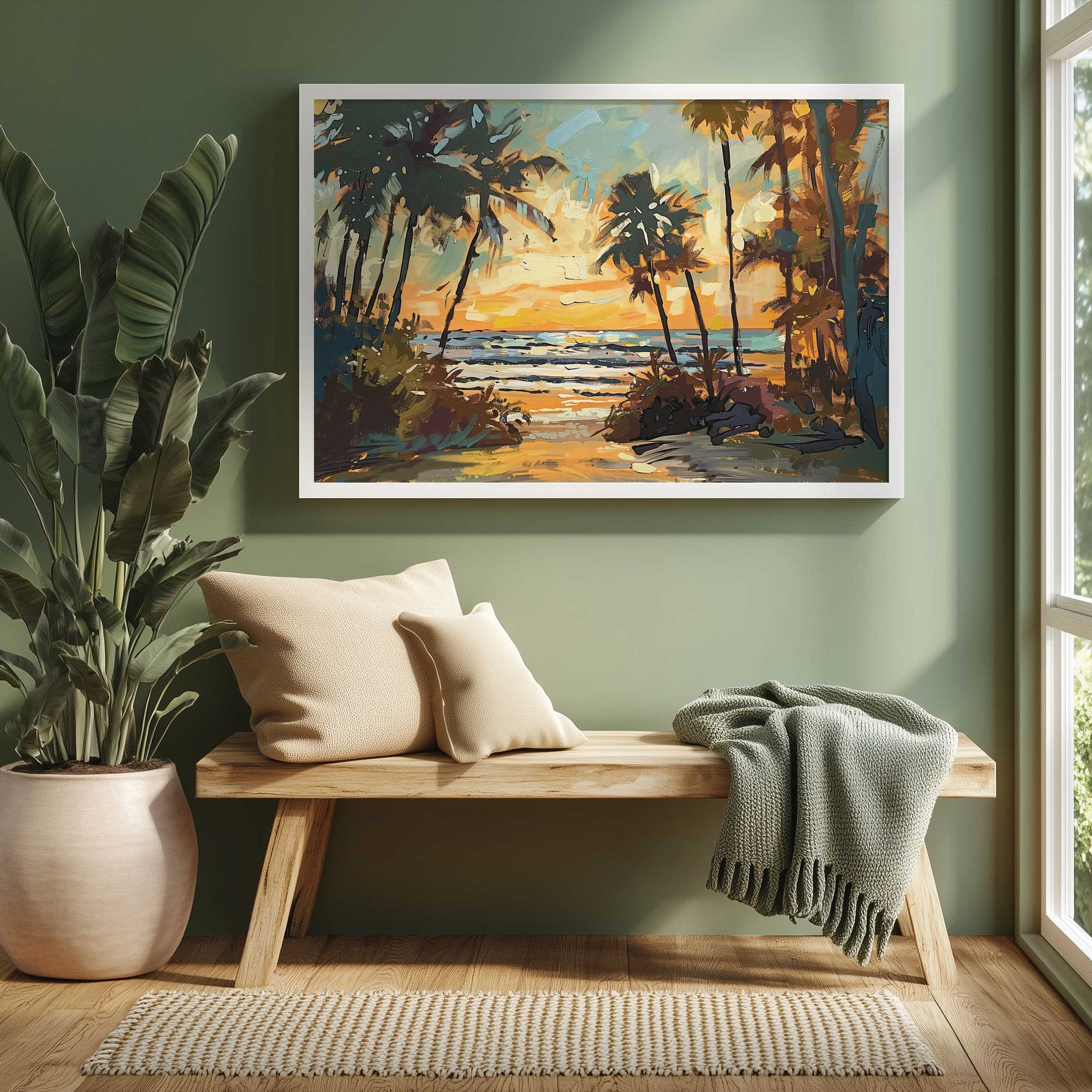 Sunset Stroll Through the Palms framed art print hanging above a bench in a cozy green entryway
