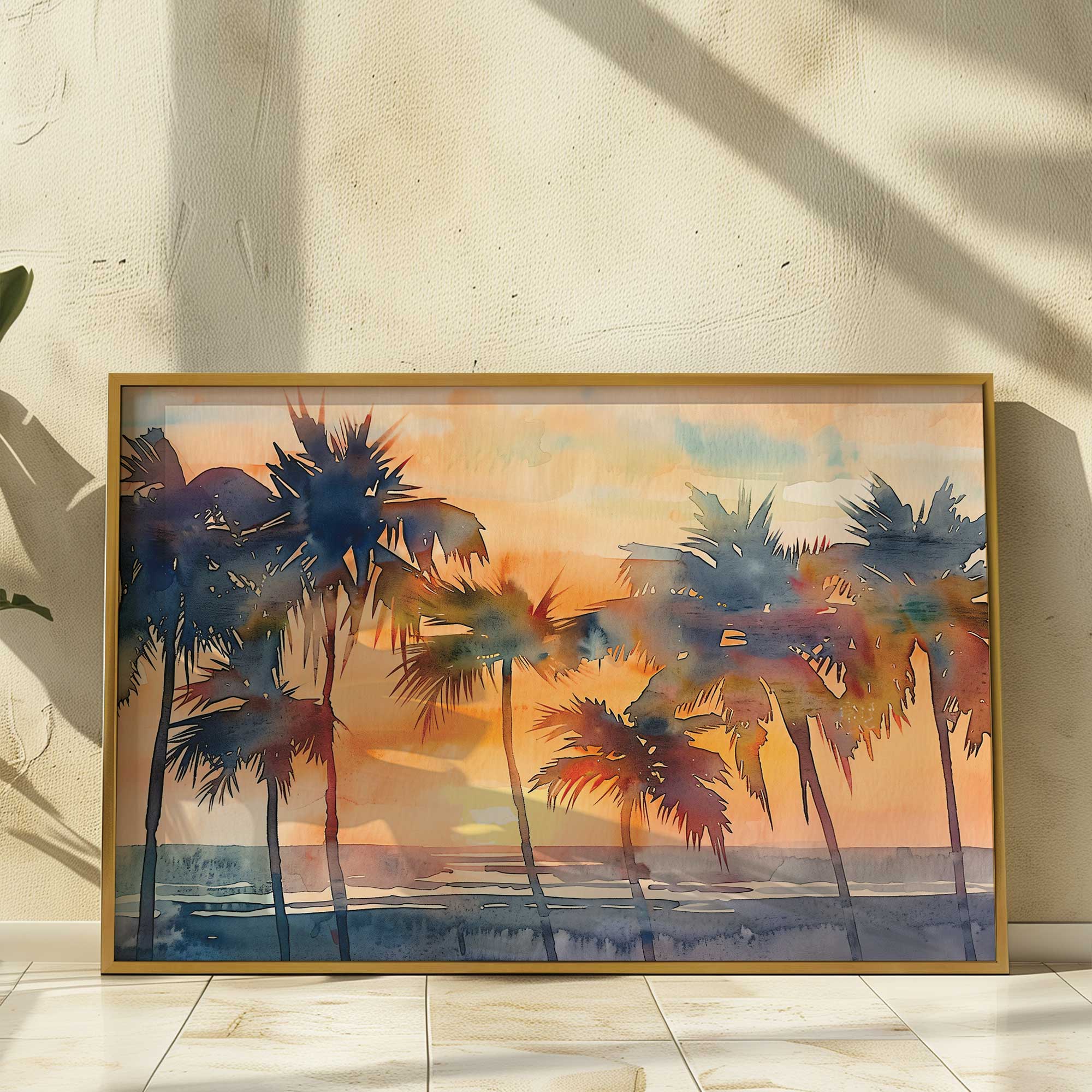 Sunset Glow with Palm Silhouettes art print leaning against a wall