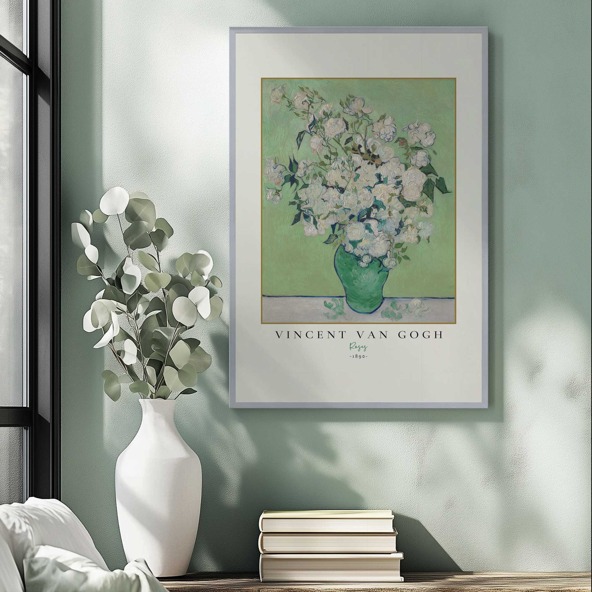 roses by Vincent Van Gogh art poster in a silver frame hanging in a living room