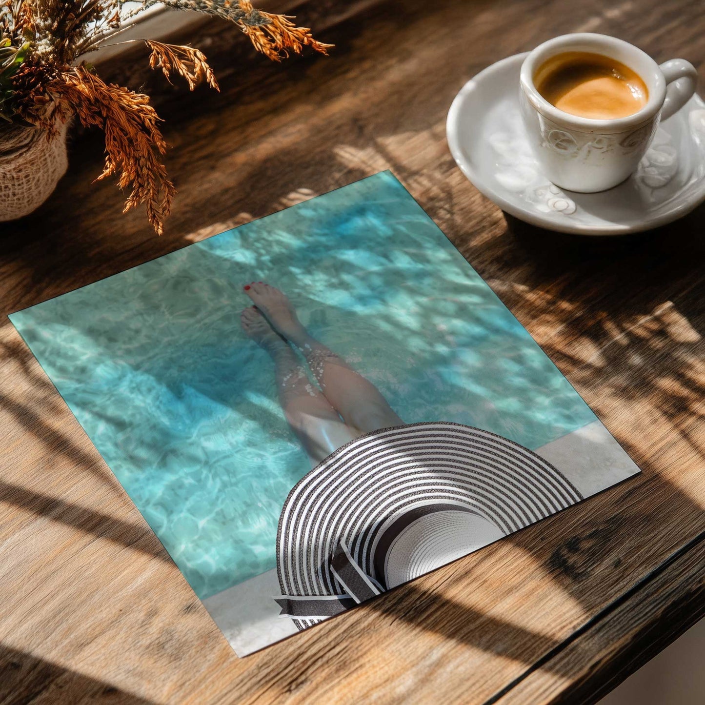 Poolside Legs with Striped Hat and Sparkling Water Print