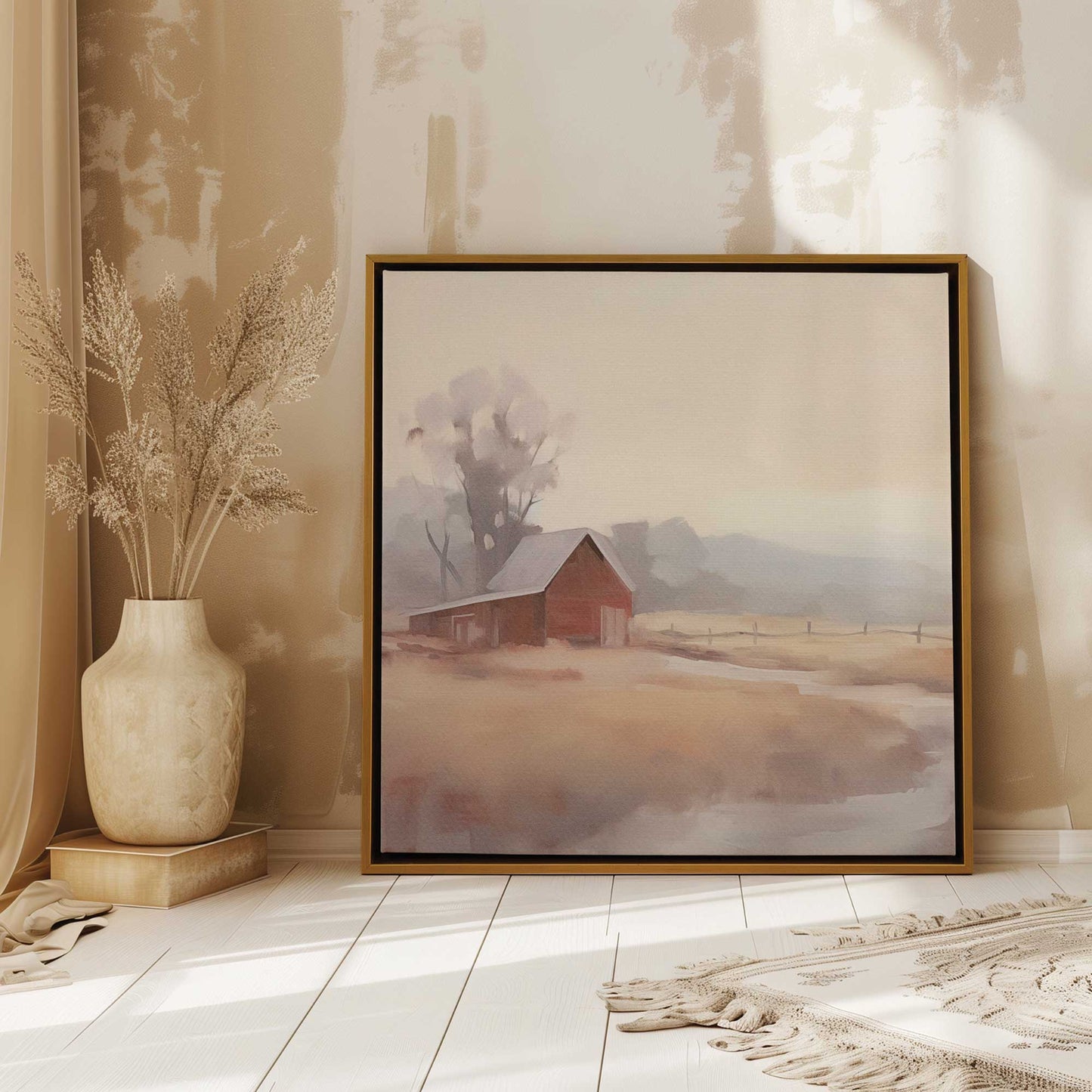 Misty Fields and a Red Barn Canvas Print