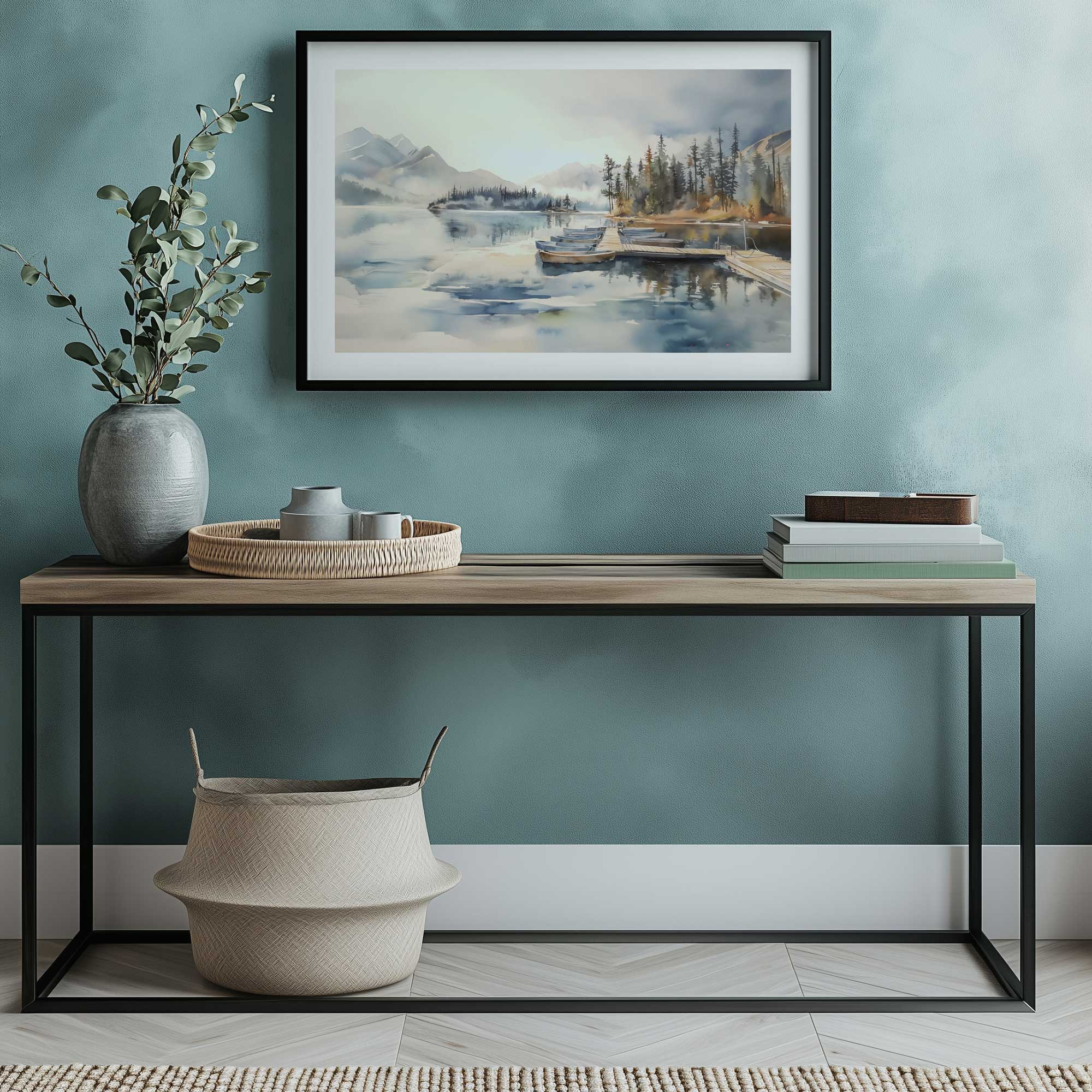 Boats on a Still Morning lake art print hanging above a console table