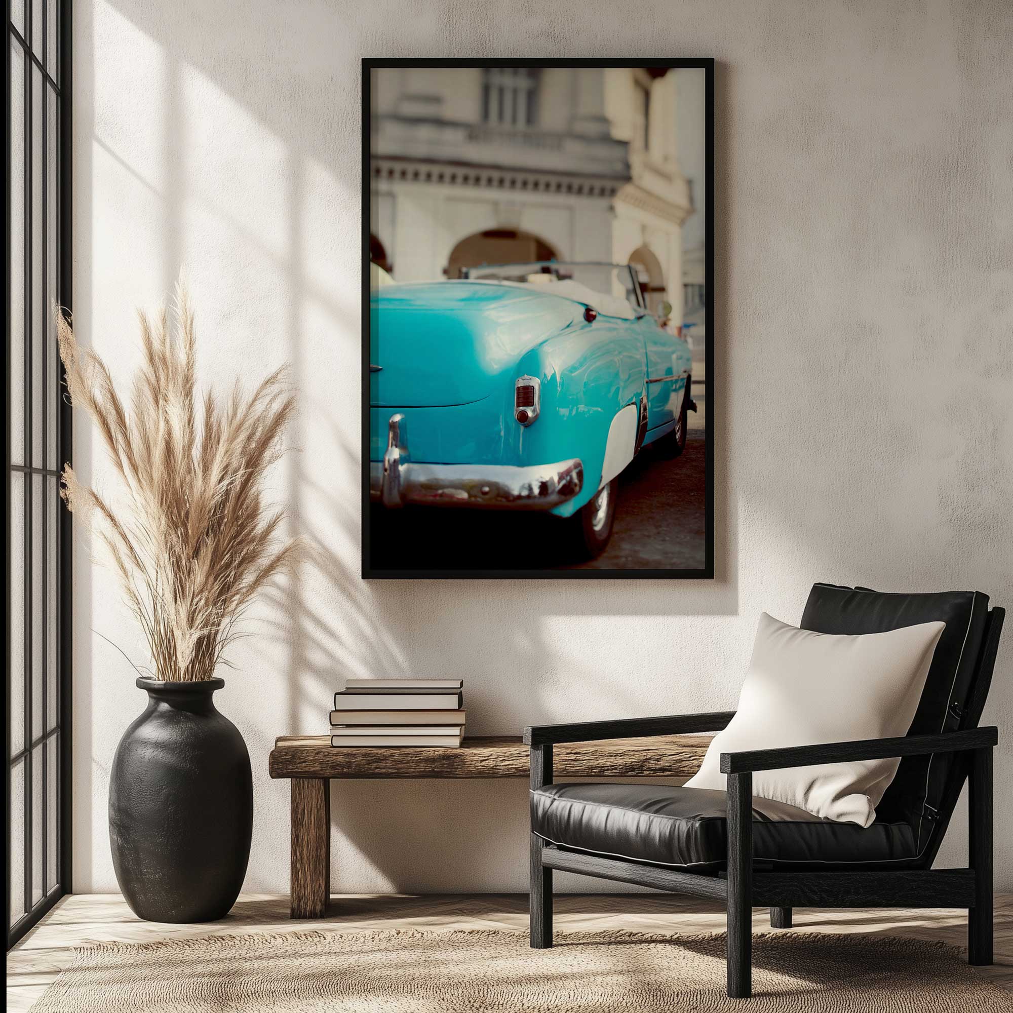 turquoise cruiser in the city framed art print hanging in a sitting room
