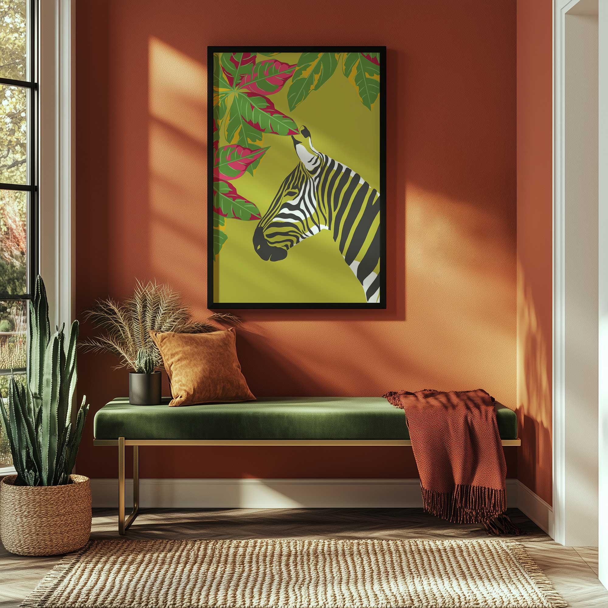 Tropical zebra art print in a black frame hanging above a green bench