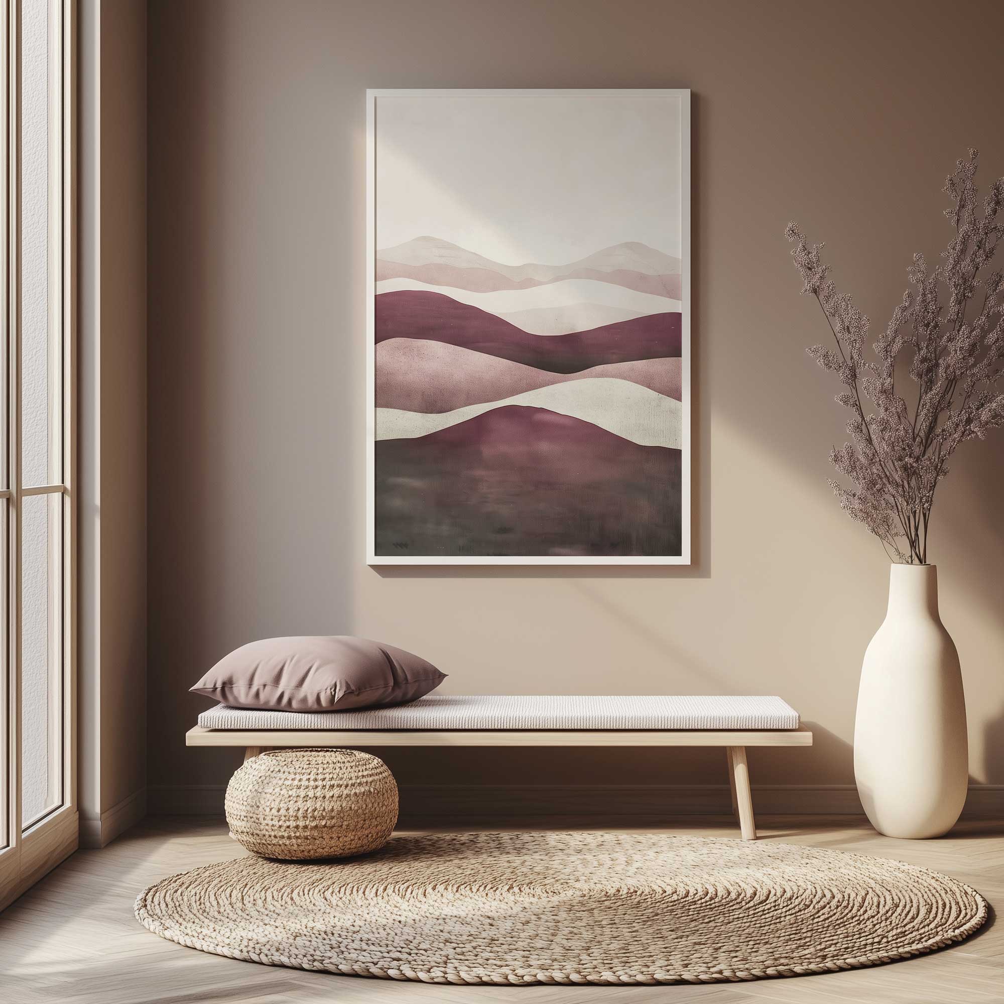 magenta misty horizons II art print hanging above a bench
