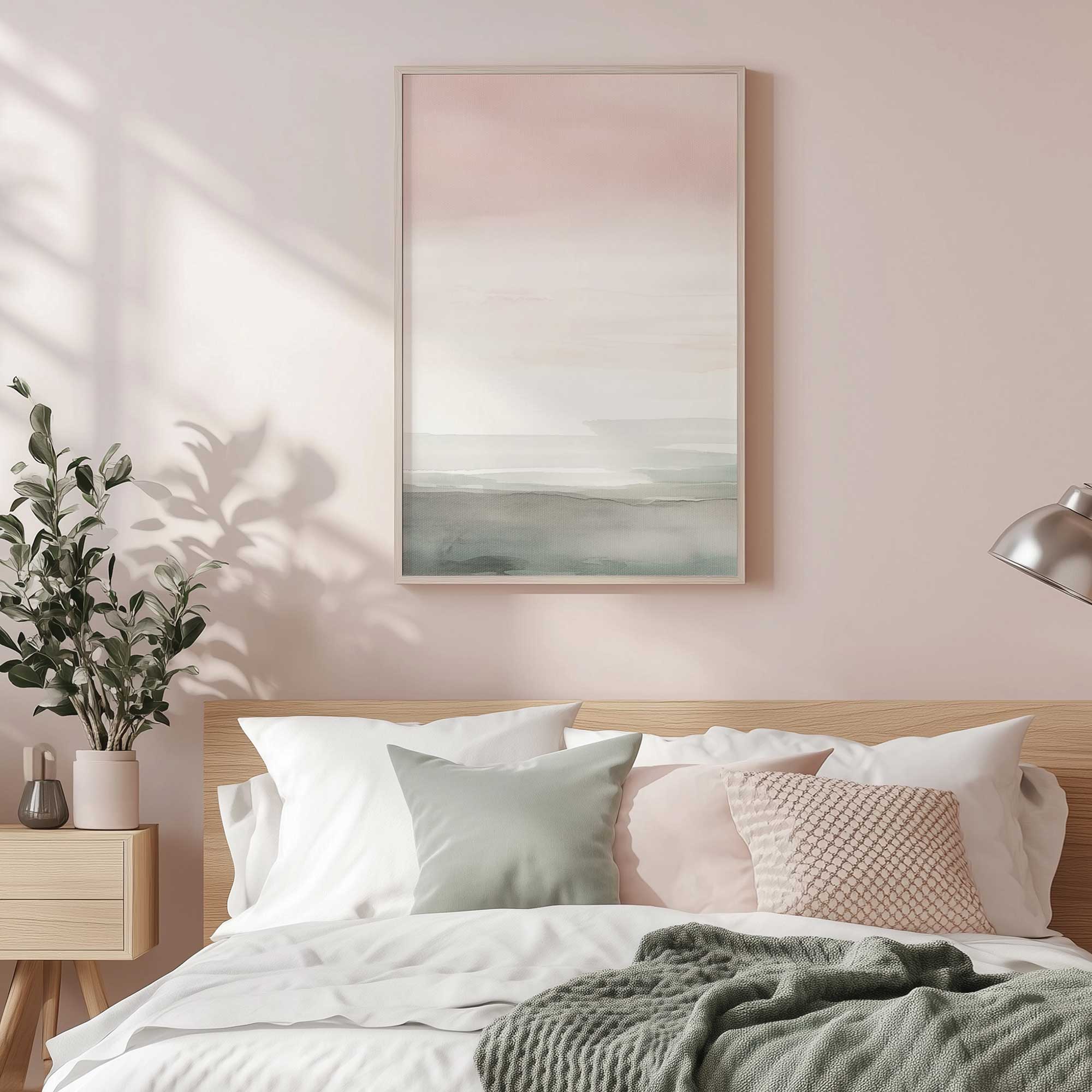 pink skies and calm seas I art print hanging above a bed