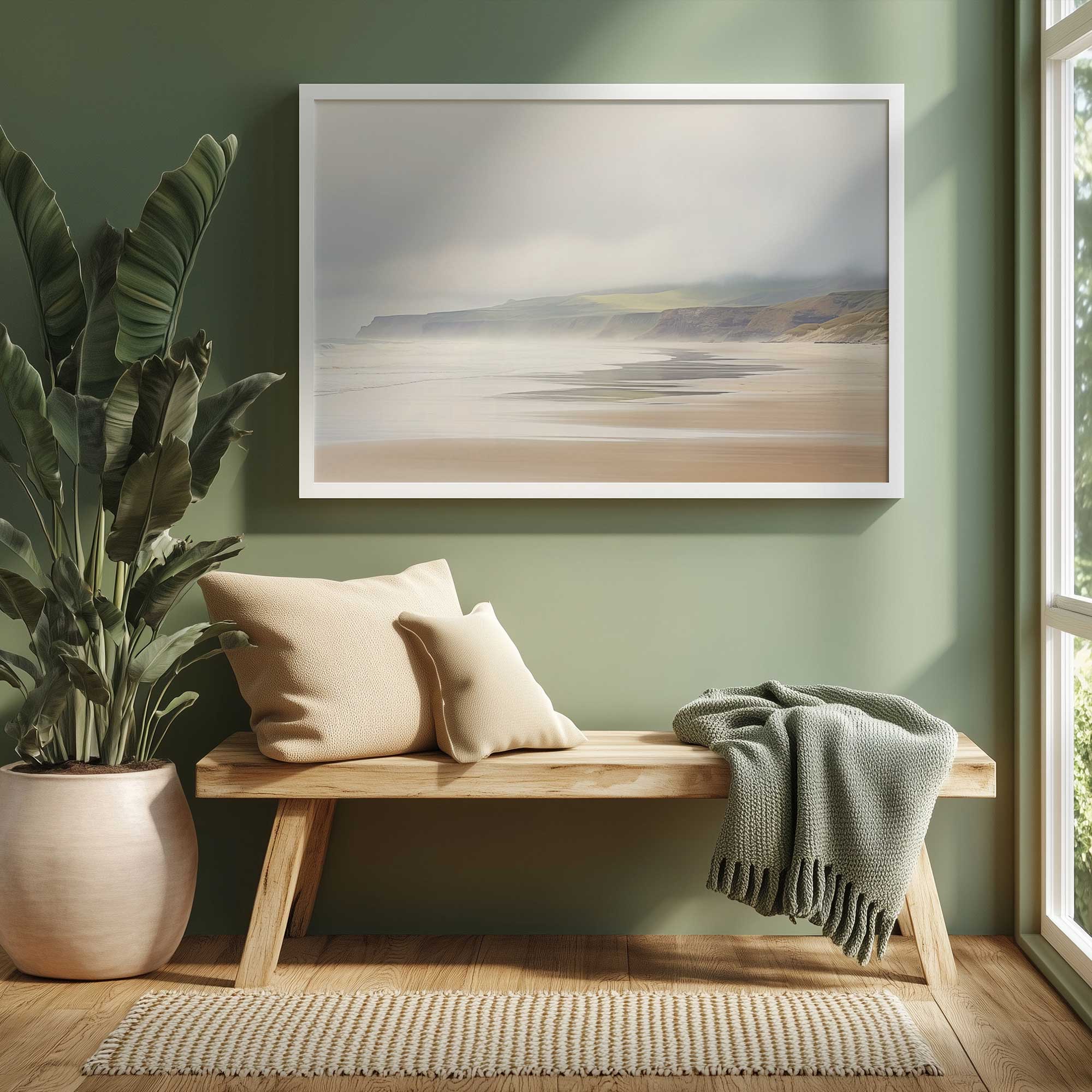 Misty Beach morning art print hanging above a bench