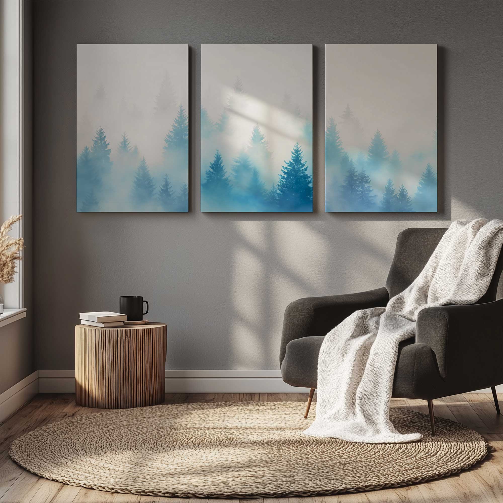winter forest canvas print set of 3 hanging in a grey living room