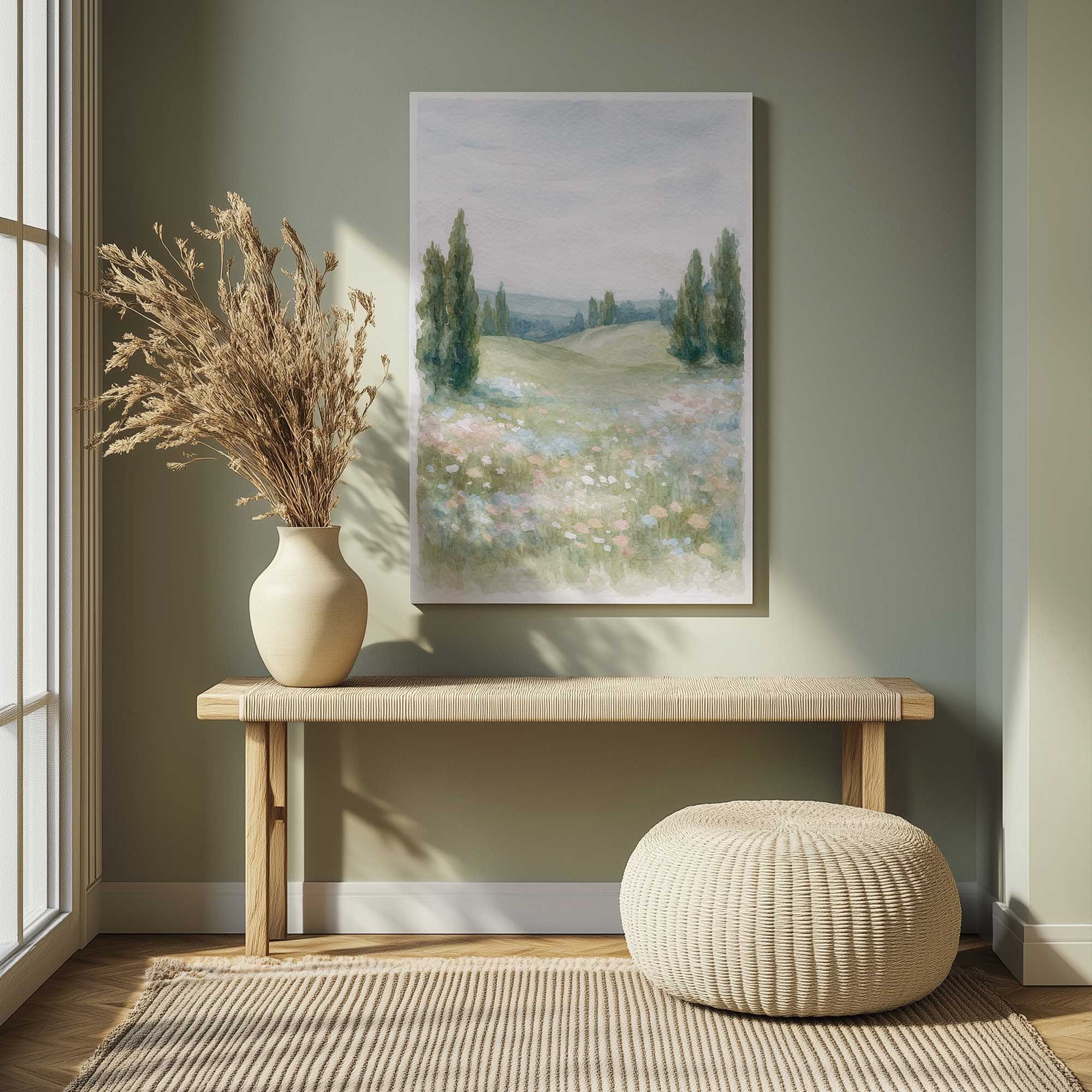 Dreamy meadow days II canvas print hanging in a green entryway