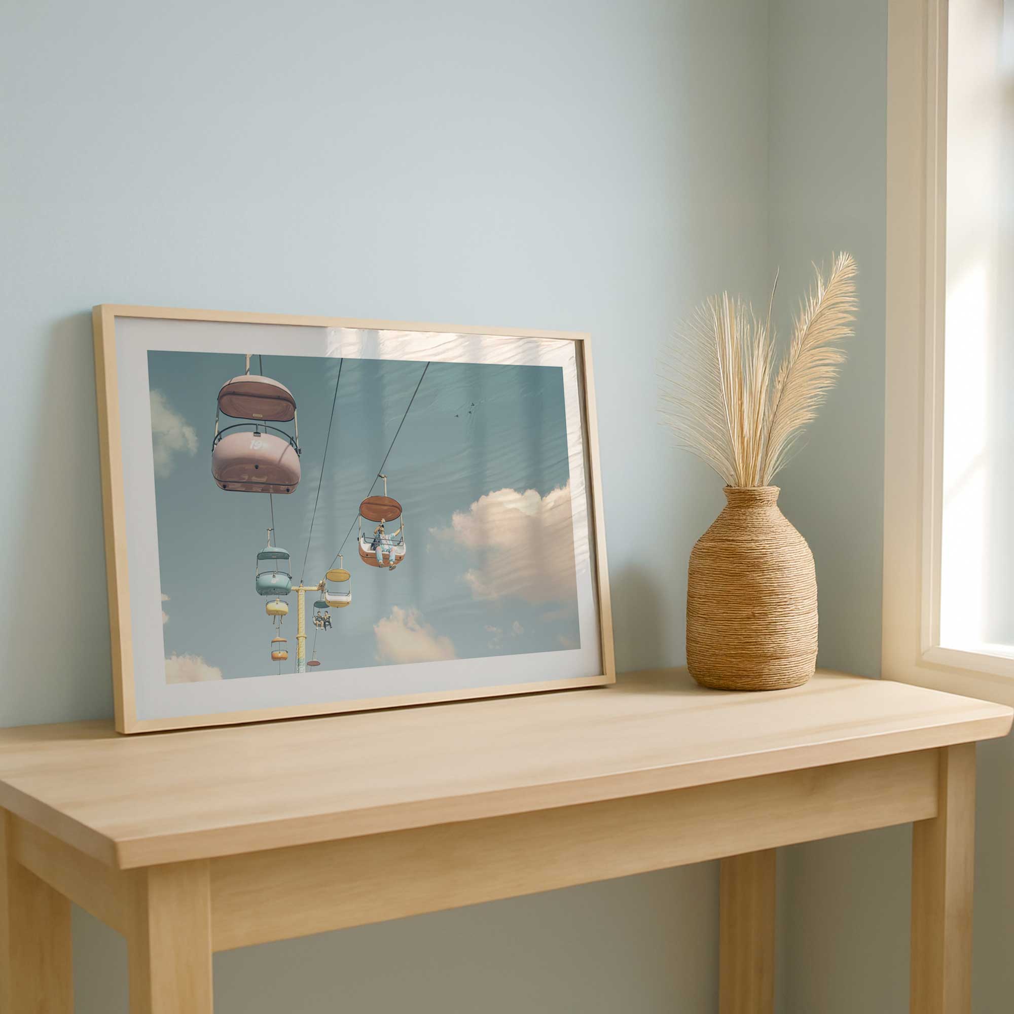 Vintage Pastel sky ride at the fair art print on a console table