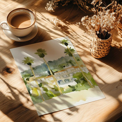 Chill Palm Tree Cityscape with Soft Watercolor Vibes II Print