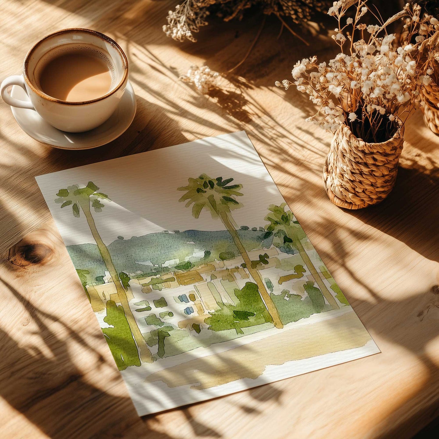 Chill Palm Tree Cityscape with Soft Watercolor Vibes III Print