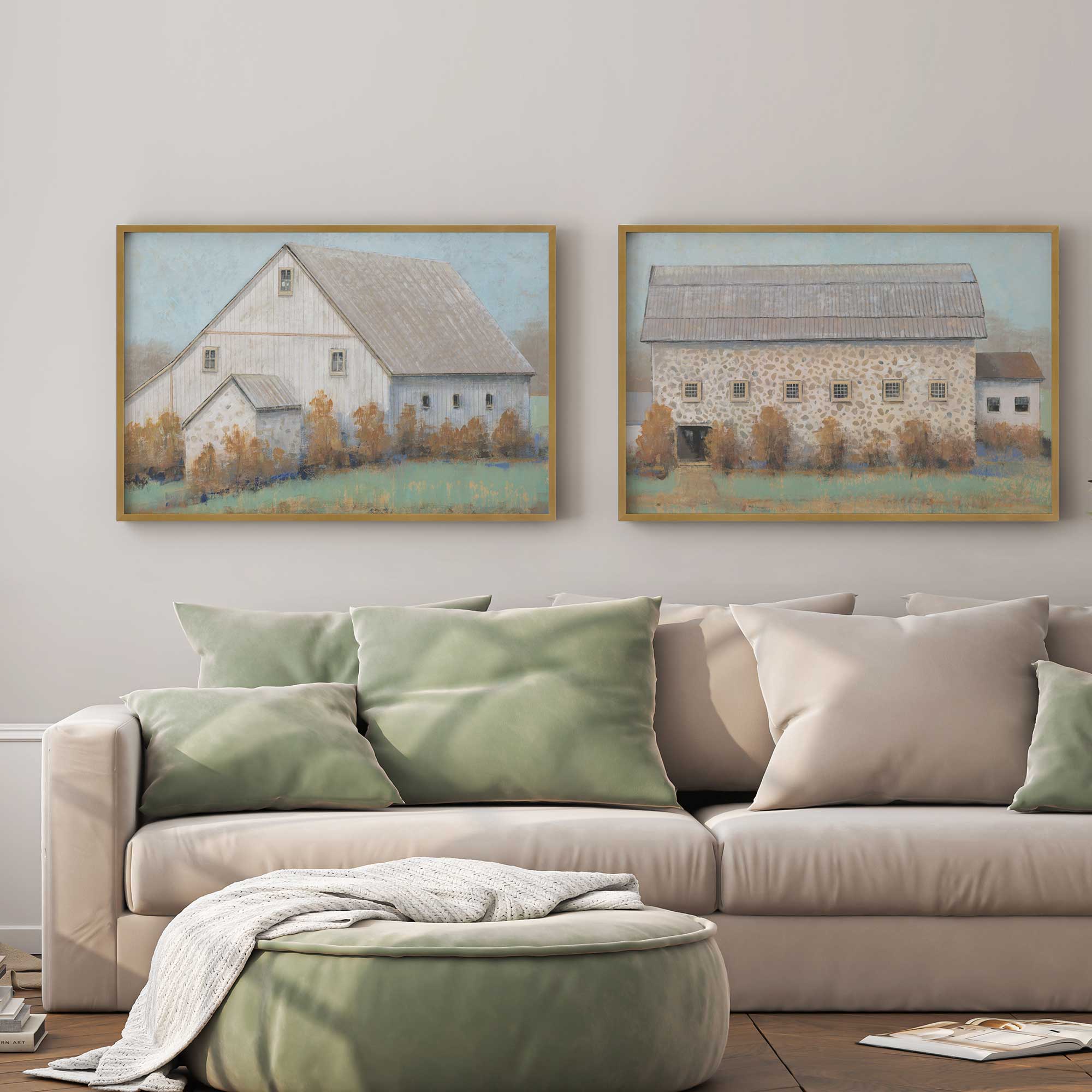 Autumn Barns duo framed art prints hanging above a beige couch