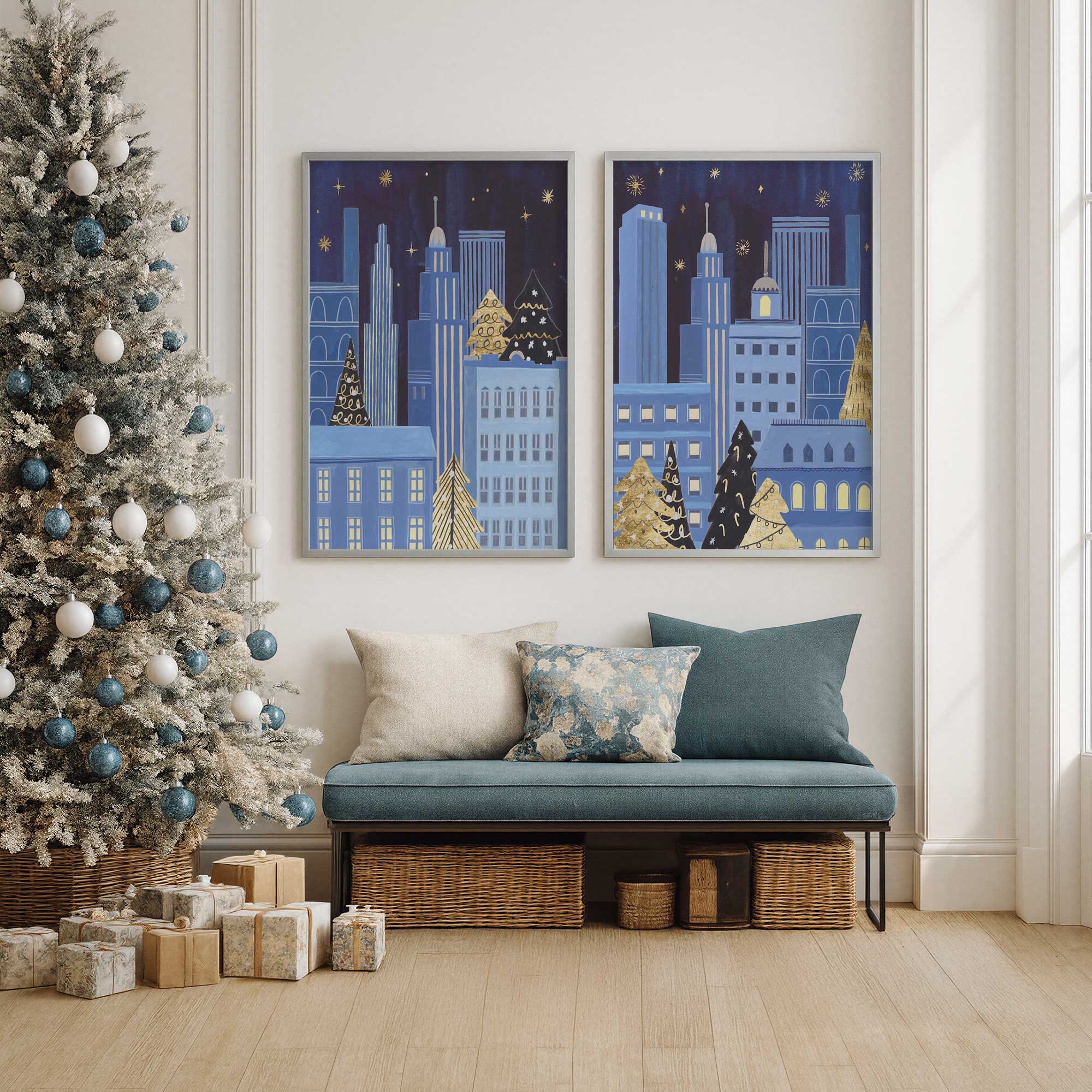City lights & tinsel nights set of 2 paper prints hanging above a blue velvet bench