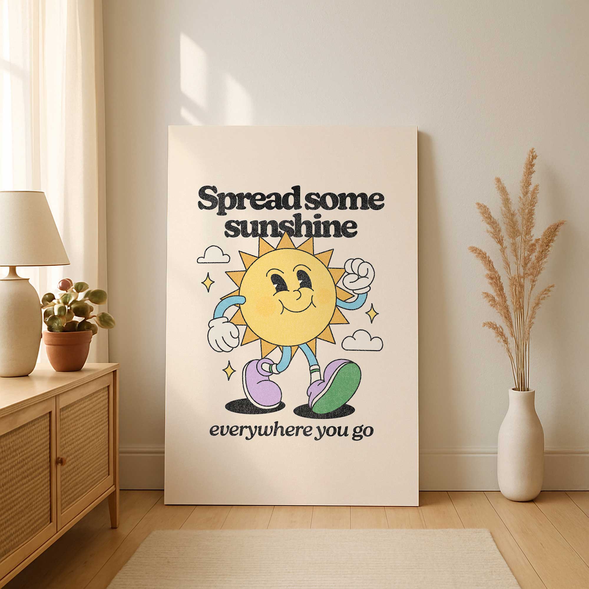 sunshine on repeat retro canvas print leaning against a wall