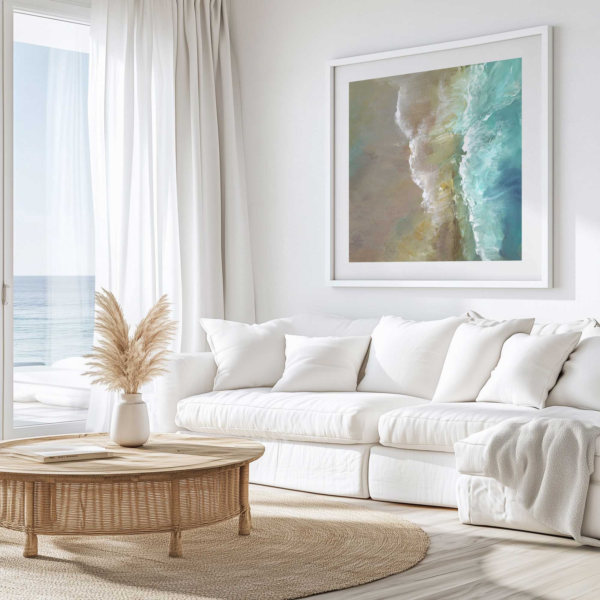 Painted Shoreline II art print hanging in coastal style living room