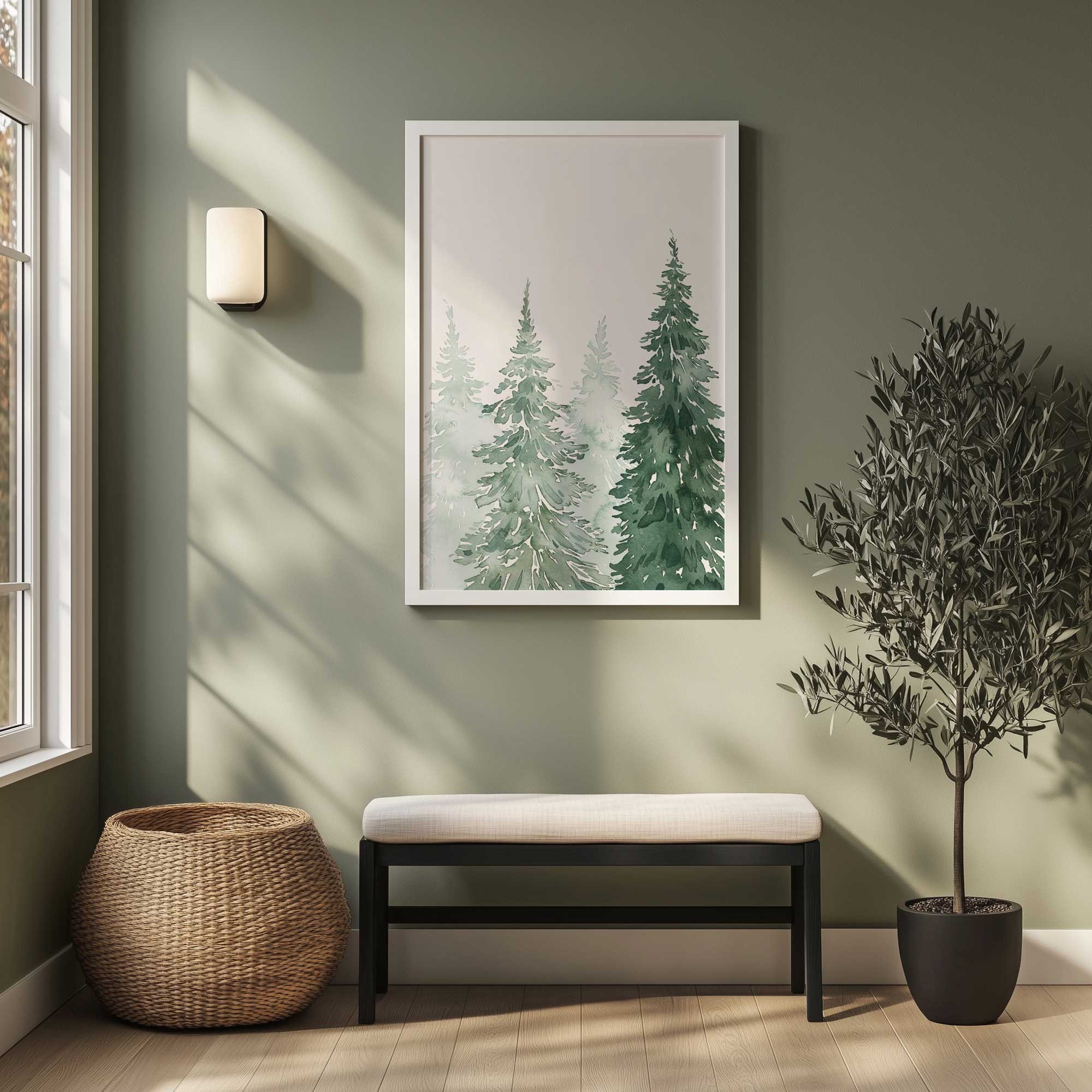 watercolor pines I art print hanging in a green entryway