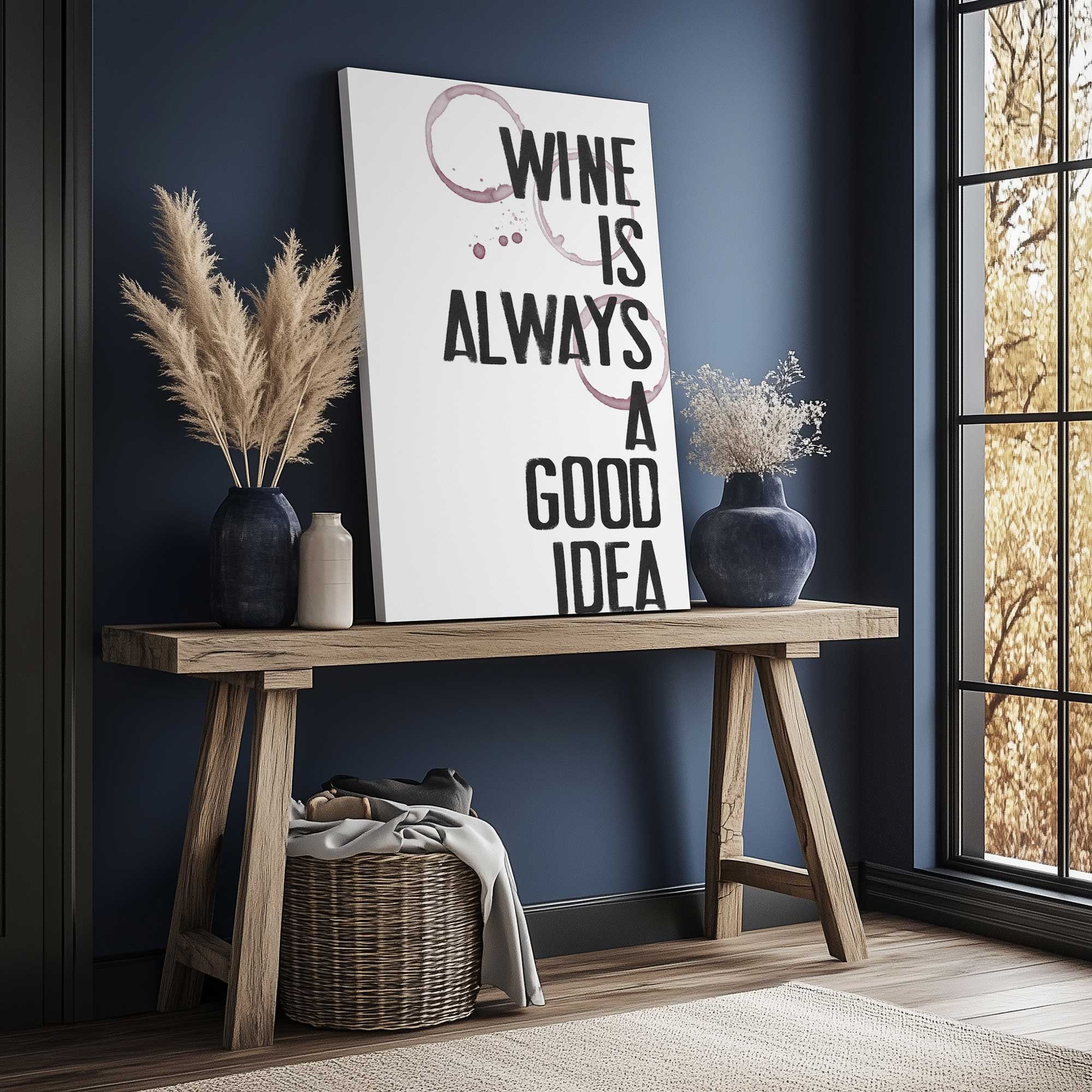 wine is always a good idea canvas art print on a console table