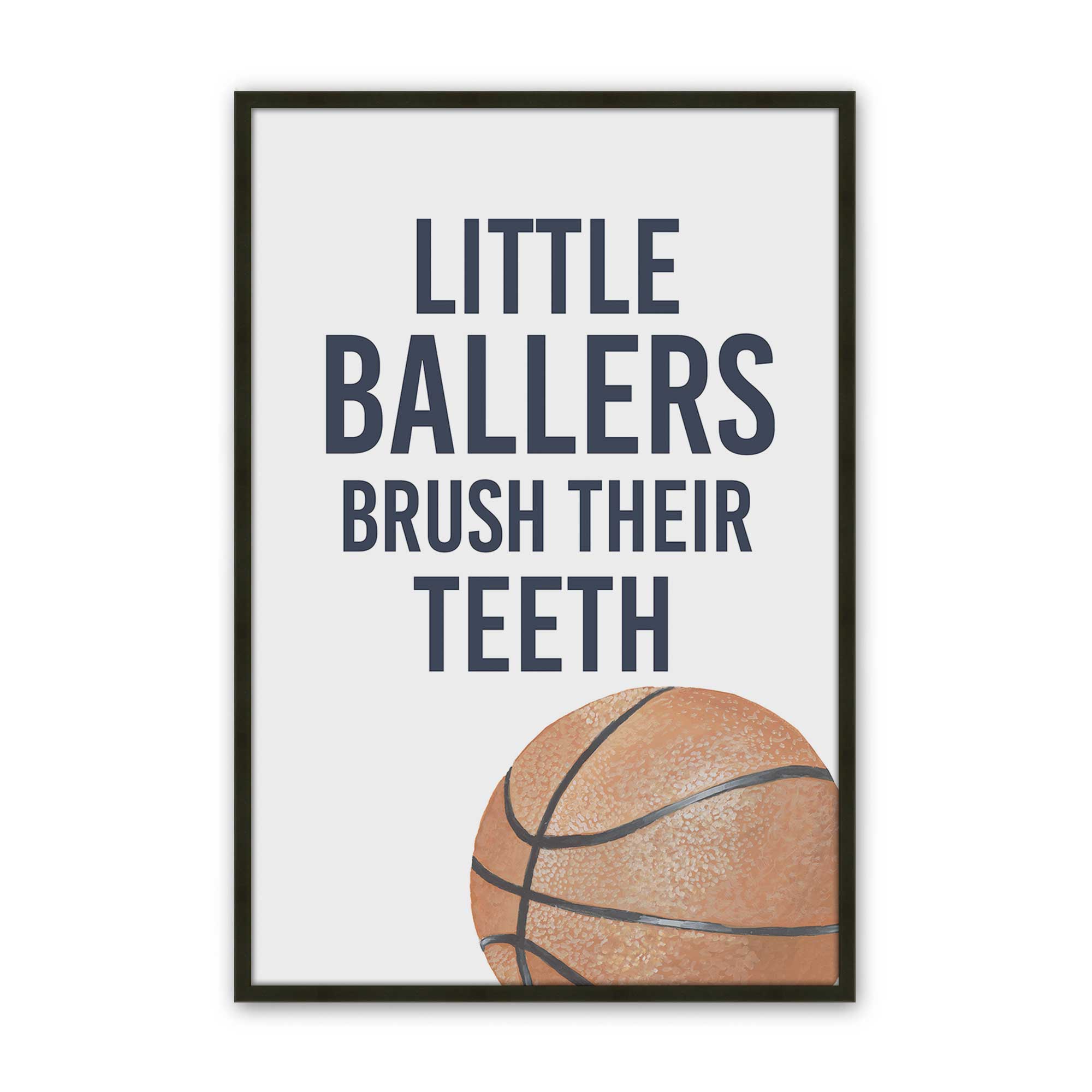 Little ballers brush their teeth art print in a black frame