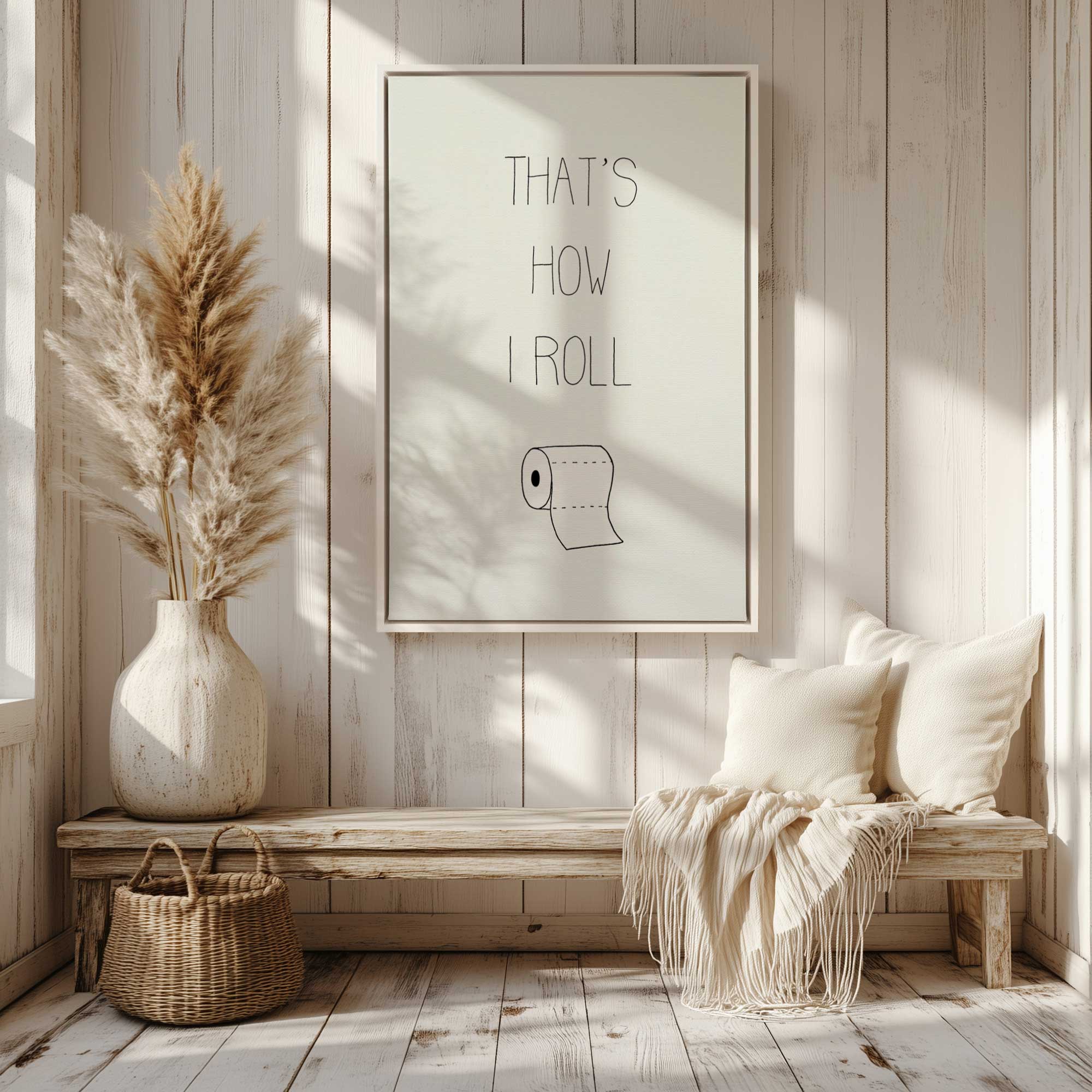 Minimal toilet paper art with funny quote hanging above a bench