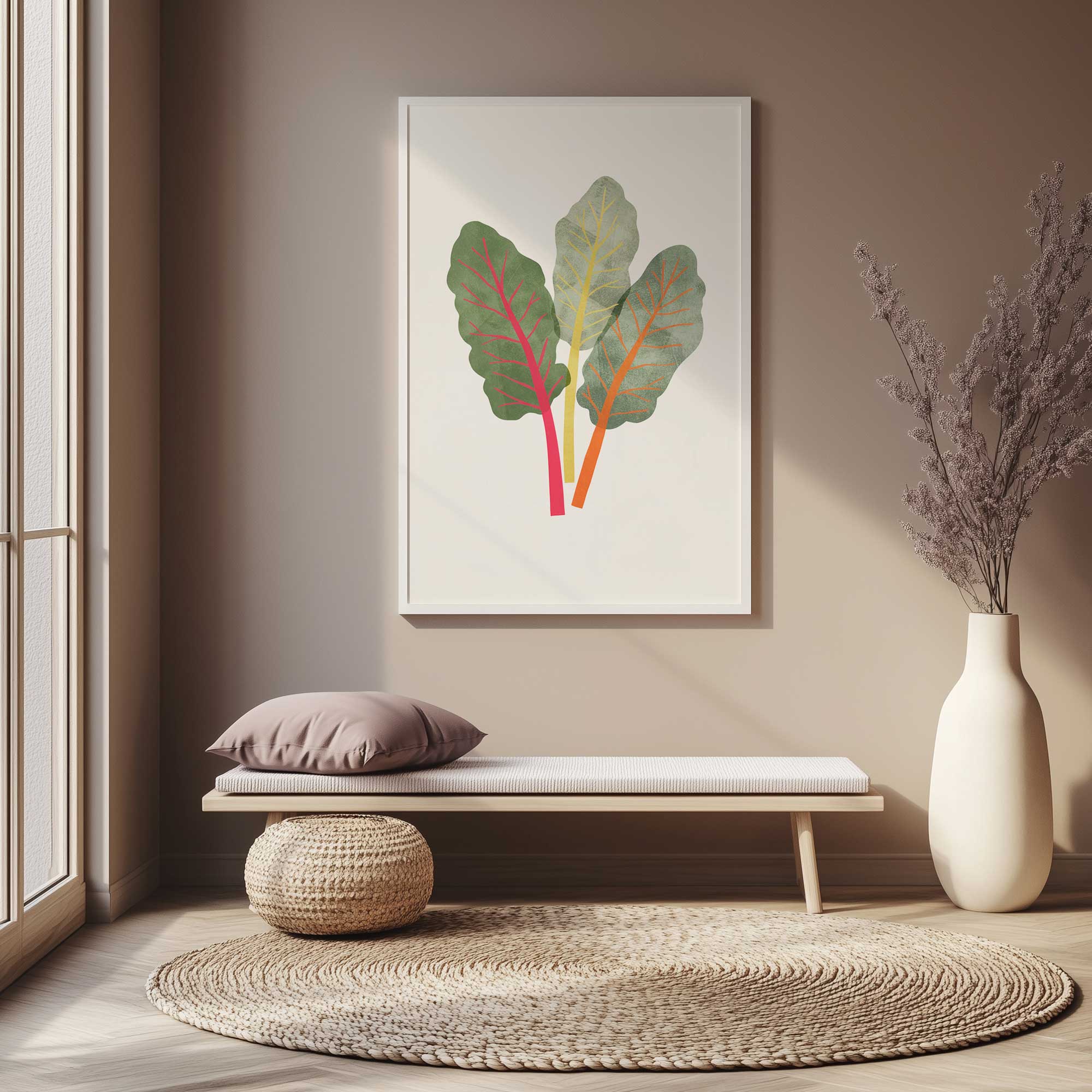 Rainbow chard trio art print hanging above a bench