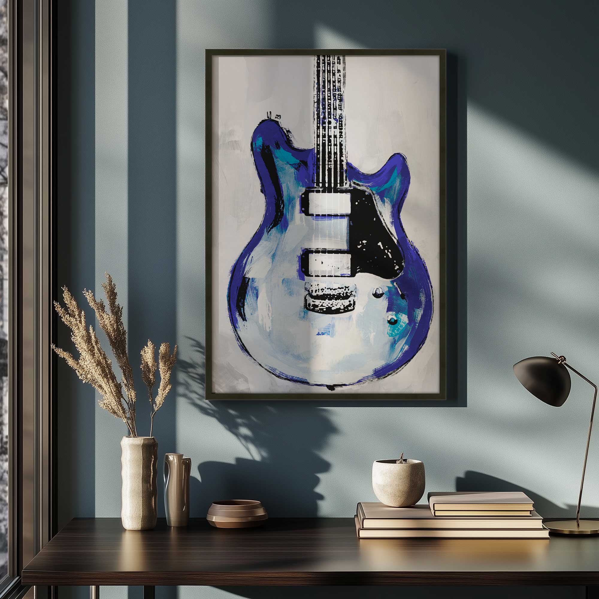 Rock on in Blue II framed art print hanging above a desk
