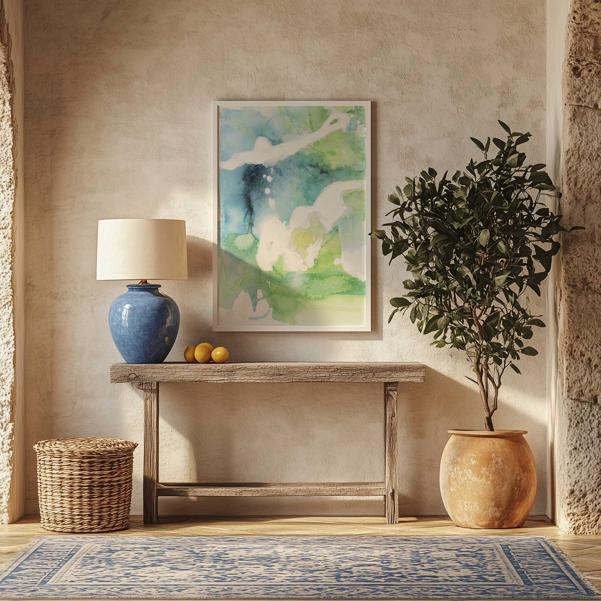 Mist Over the Meadow I framed abstract art print above a console table near a lamp