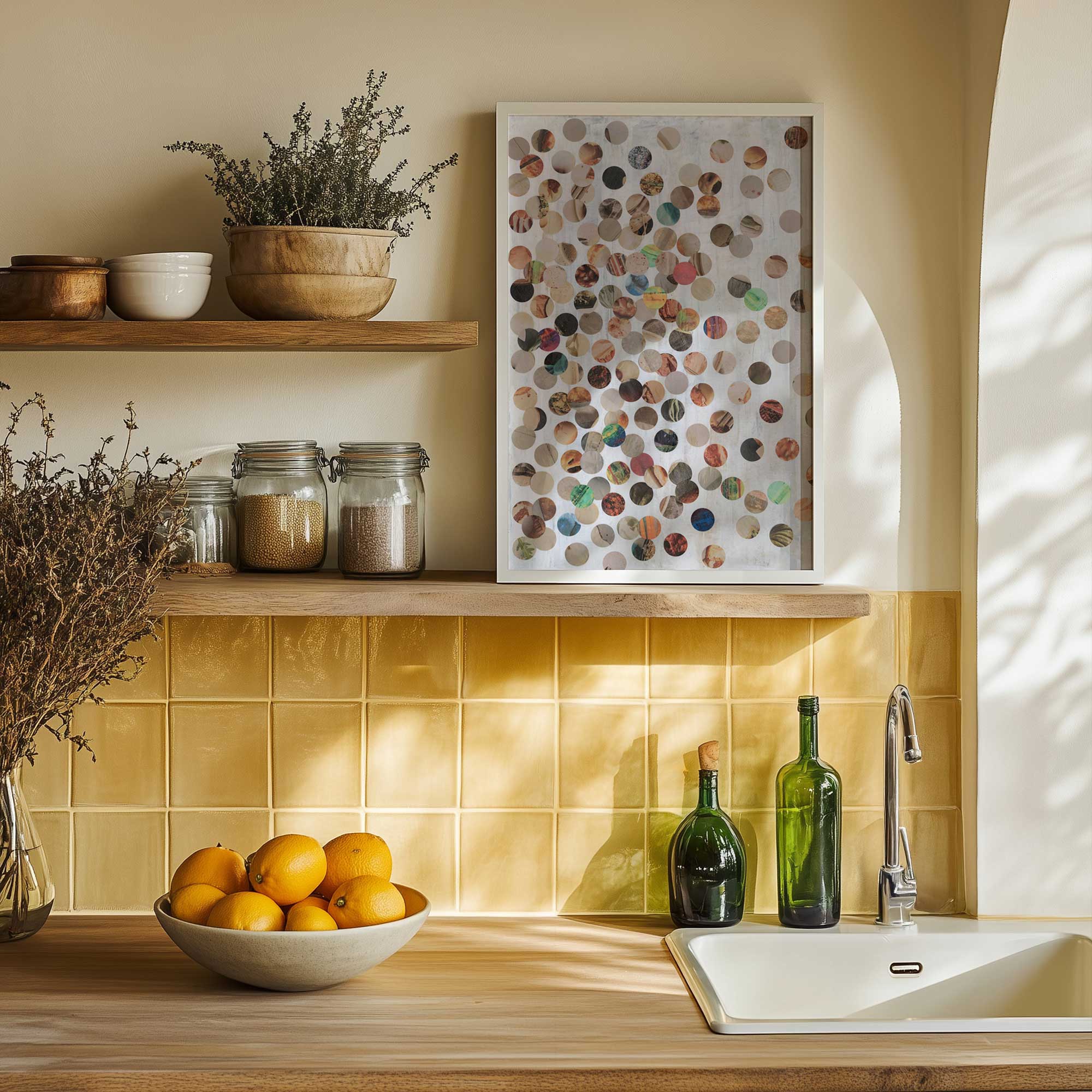 Dots on dots on dots abstract art print on a shelf in a yellow kitchen