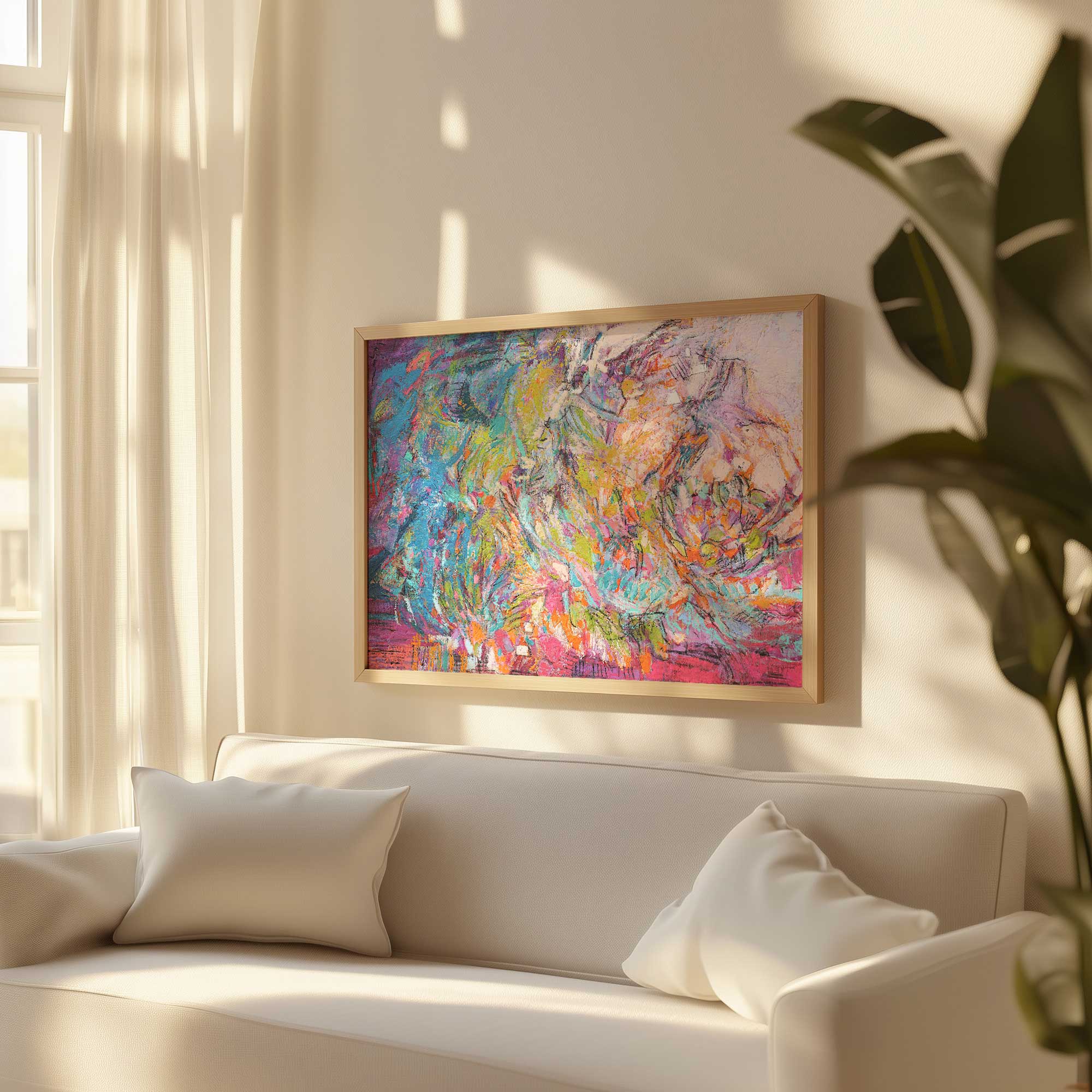 electric whirlwind of color and chaos framed abstract art print hanging in a cream living room